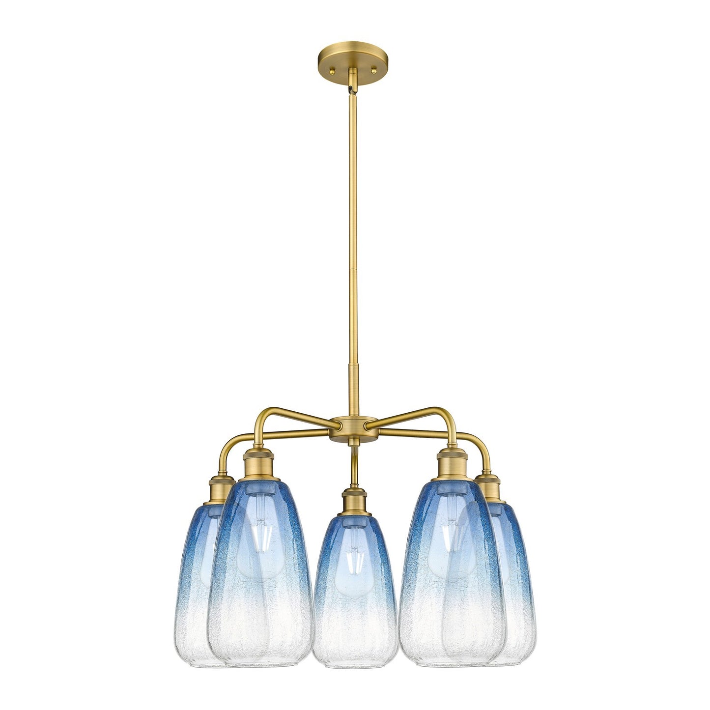 Innovations Brookhaven Almond 25in 5-Light Chandelier | Industrial Brushed Brass and Sapphire Blue Glass | Kitchen Island & | Model 516-5CR-BB-G480-6SB