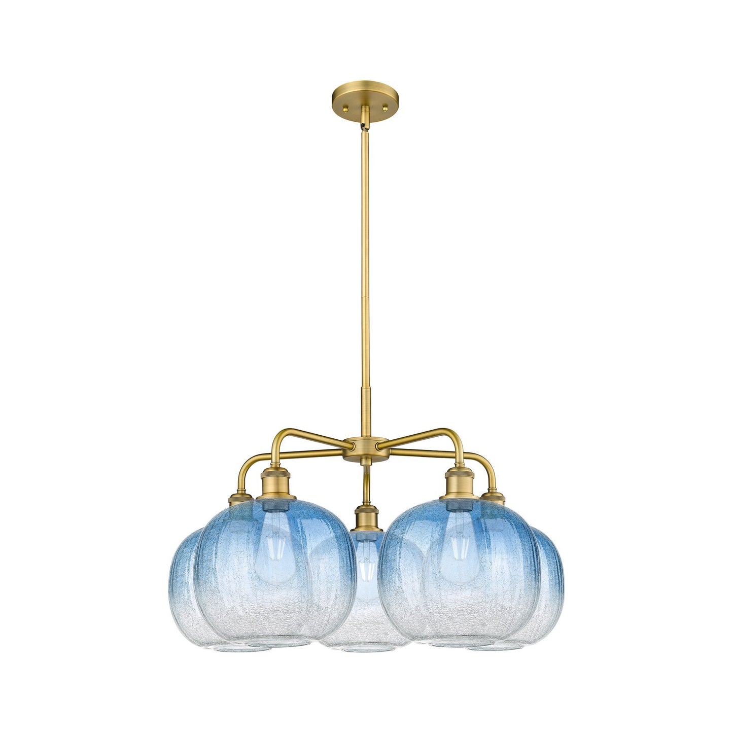 Innovations Brookhaven Sphere 29in 5-Light Chandelier | Industrial Brushed Brass and Sapphire Blue Glass | Kitchen Island & | Model 516-5CR-BB-G481-10SB