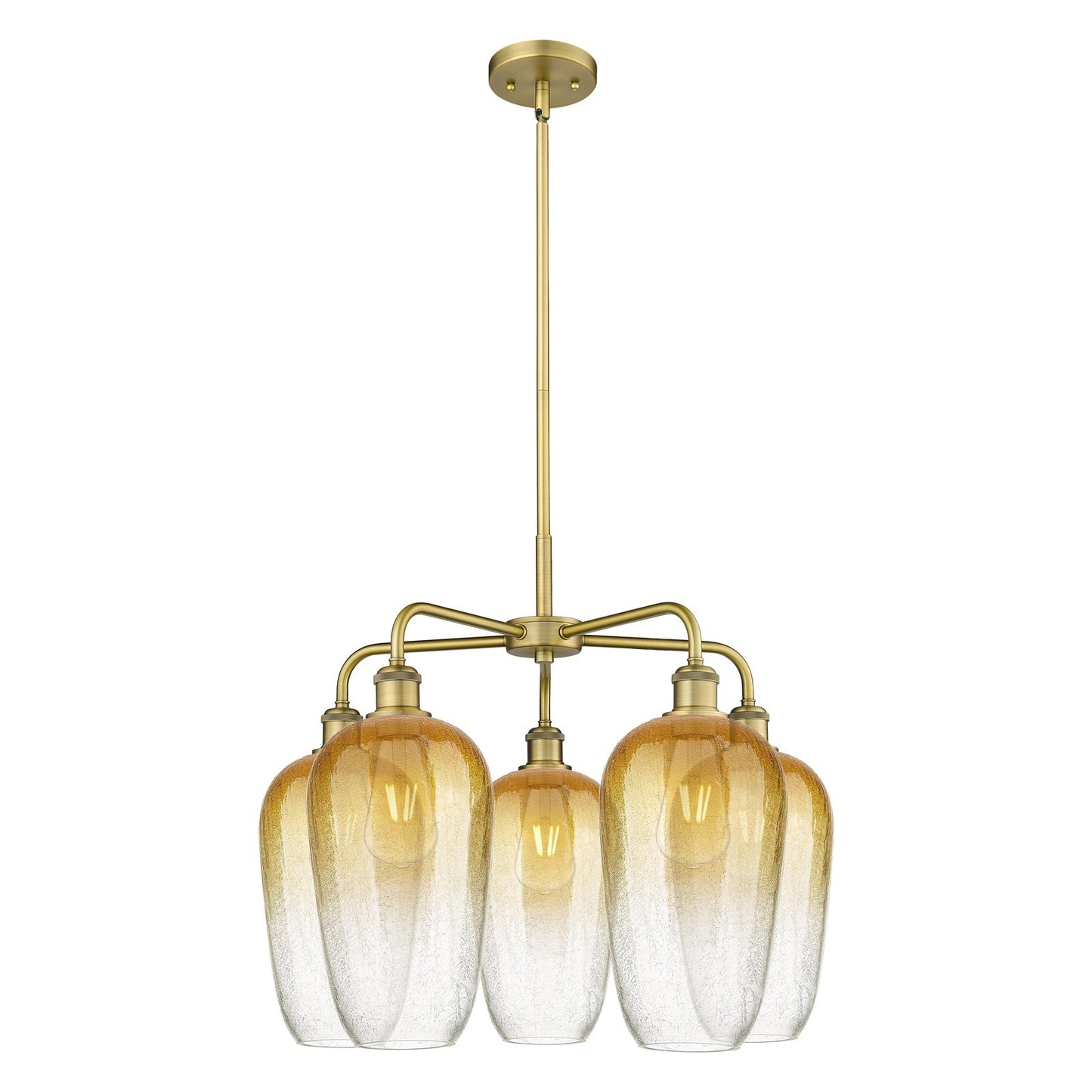 Innovations Brookhaven Flute 26in 5-Light Chandelier | Industrial Brushed Brass Steel and Amber Glass | Dining Room & Living | Model 516-5CR-BB-G484-7AM