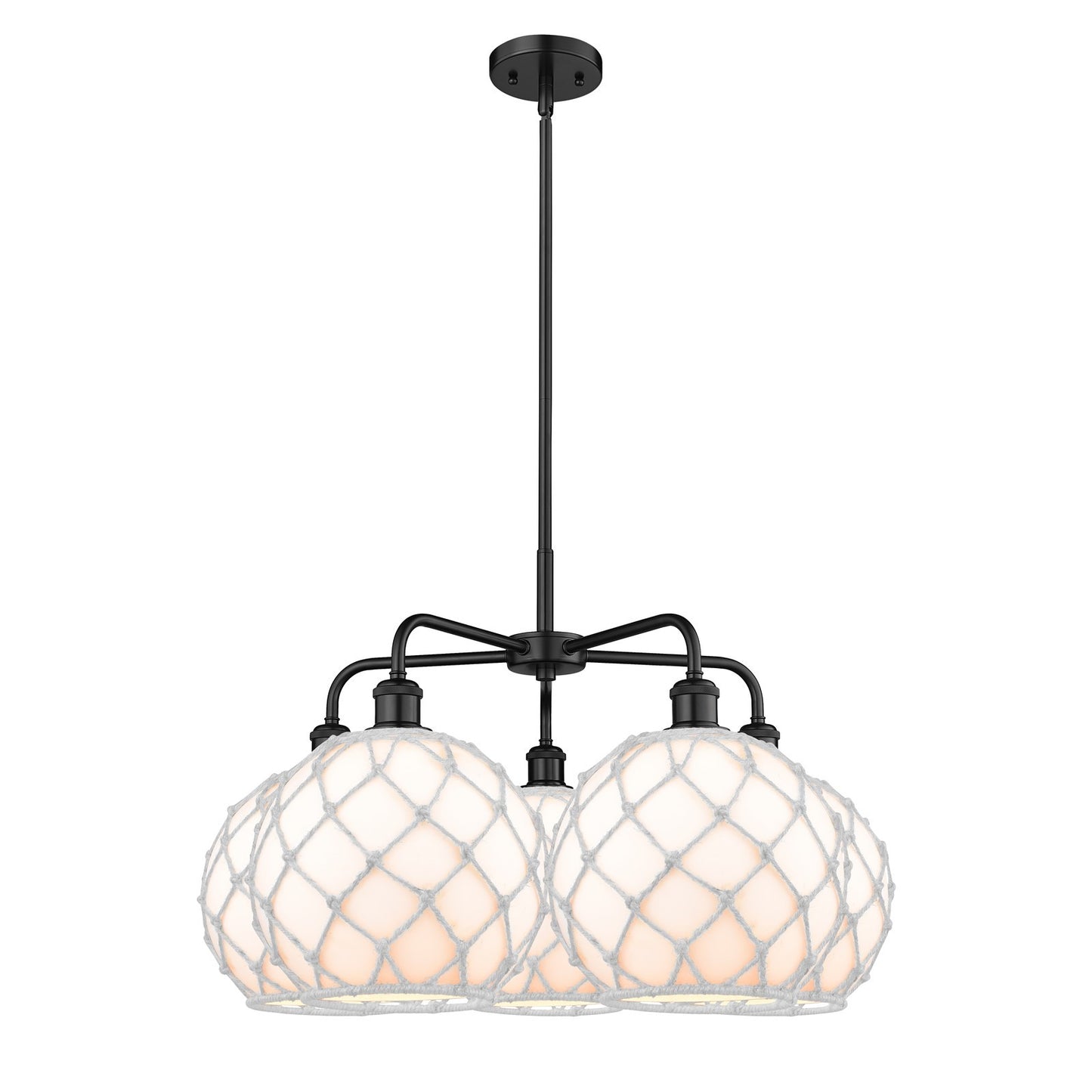 Innovations Farmhouse Rope 29in 5-Light Chandelier | Industrial Matte Black Steel and White Glass with Rope Shade | Dining | Model 516-5CR-BK-G121-10RW