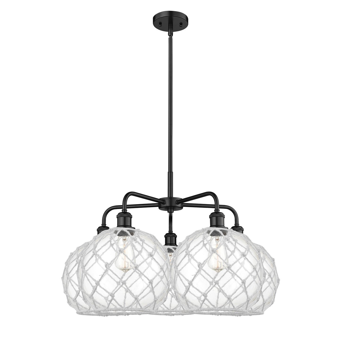 Innovations Farmhouse Rope 29in 5-Light Chandelier | Industrial Matte Black Steel and Clear Glass with White Rope | Dining | Model 516-5CR-BK-G122-10RW