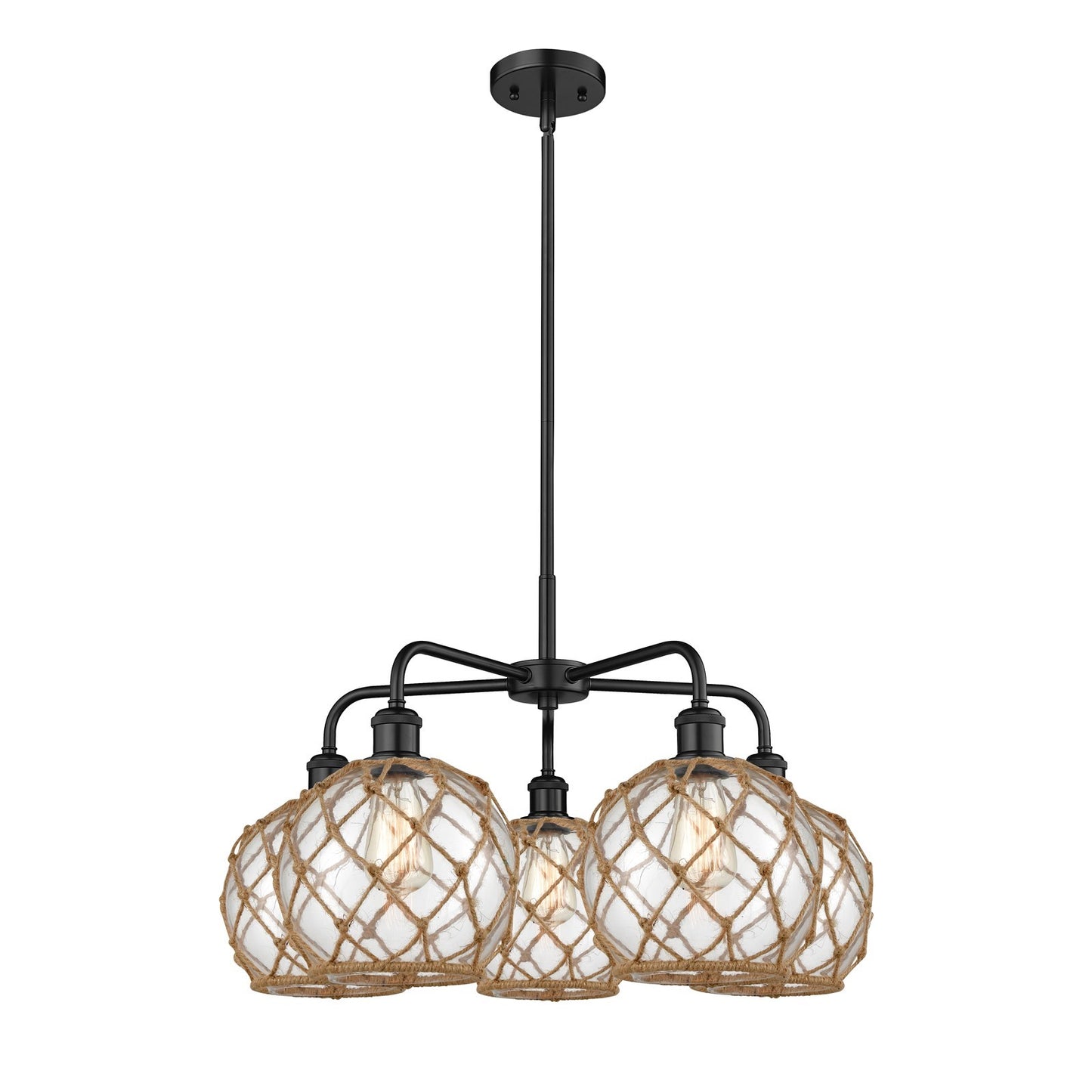 Innovations Farmhouse Rope 27in 5-Light Chandelier | Industrial Matte Black Steel and Clear Glass with Brown Rope | Dining | Model 516-5CR-BK-G122-8RB