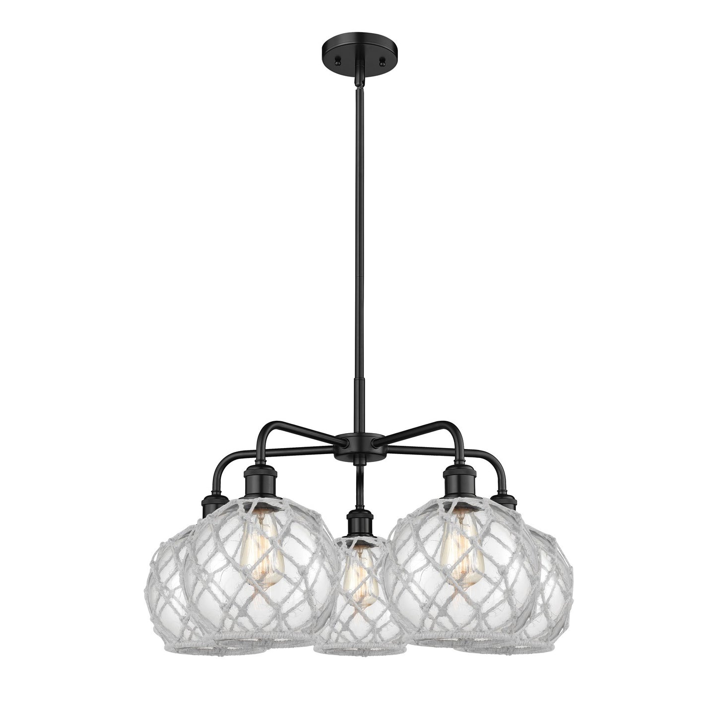 Innovations Farmhouse Rope 27in 5-Light Chandelier | Industrial Matte Black Steel and Clear Glass with White Rope | Dining | Model 516-5CR-BK-G122-8RW