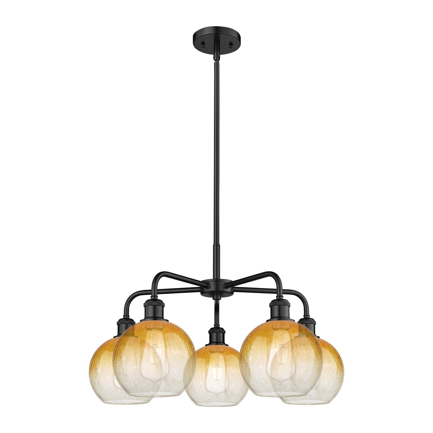 Innovations Brookhaven Globe 26in 5-Light Chandelier | Industrial Matte Black Steel and Amber Glass | Kitchen Island & Dining | Model 516-5CR-BK-G483-8AM