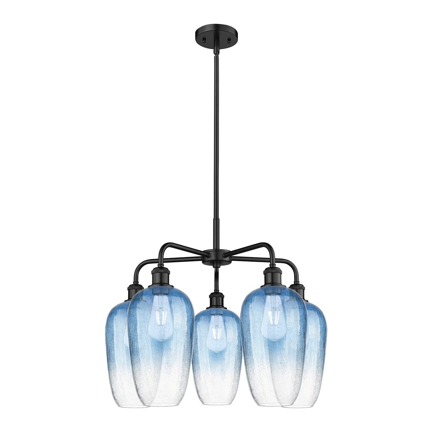 Innovations Brookhaven Flute 26in 5-Light Chandelier | Industrial Matte Black Steel and Sapphire Blue Glass | Dining Room & | Model 516-5CR-BK-G484-7SB