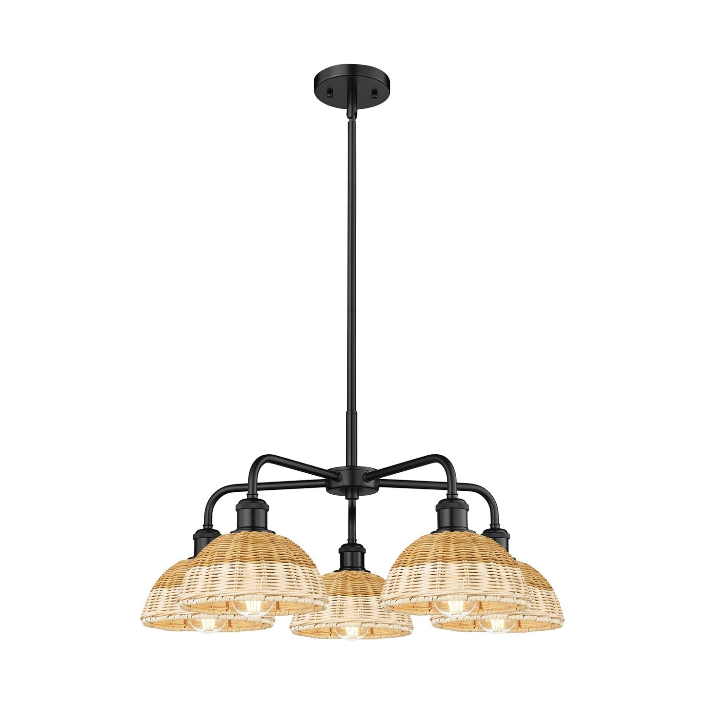 Innovations Bristol Natural II 26in 5-Light Chandelier | Industrial Matte Black Steel and Natural Fiber Dome Shade | Damp | Model 516-5CR-BK-NBD2-75-NAT
