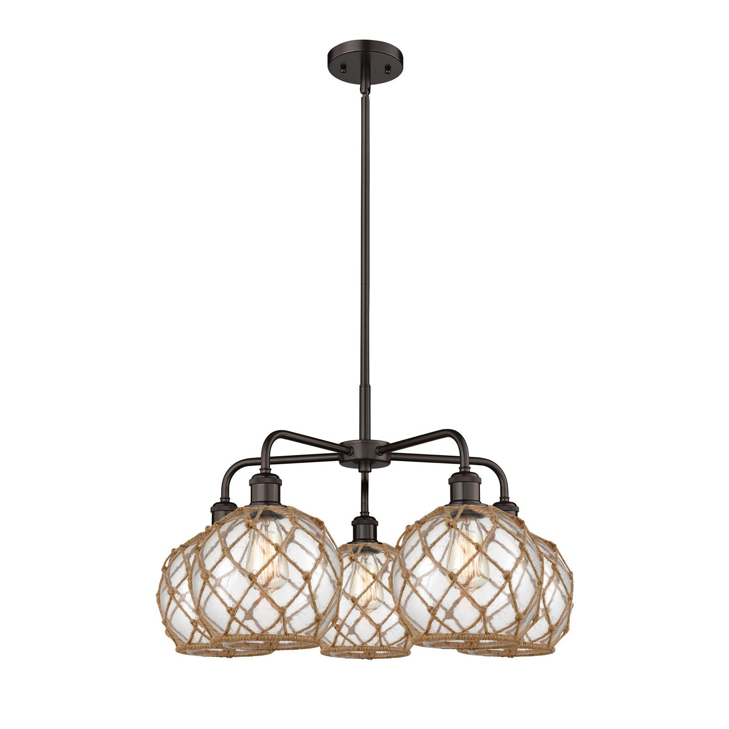 Innovations Farmhouse Rope 27in 5-Light Chandelier | Industrial Oil Rubbed Bronze Steel and Clear Glass with Brown Rope | Model 516-5CR-OB-G122-8RB