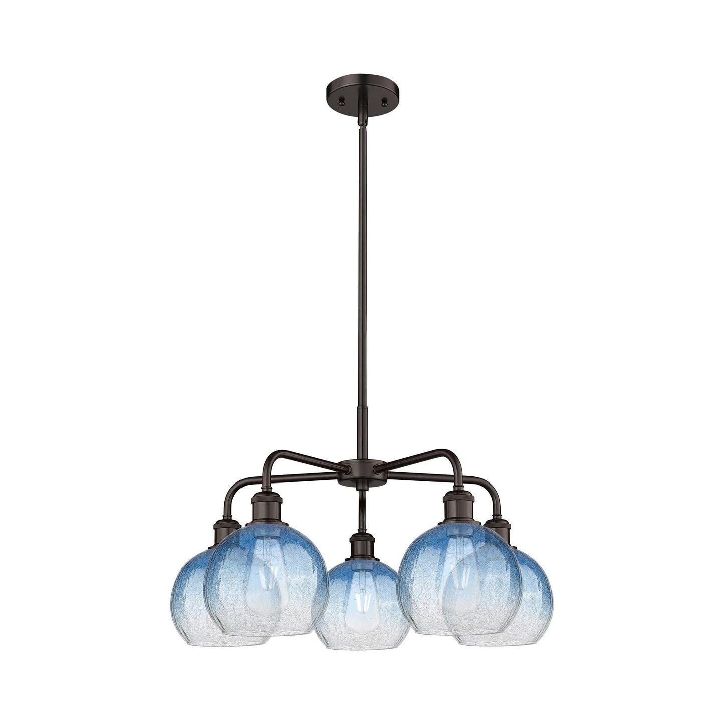 Innovations Brookhaven Globe 26in 5-Light Chandelier | Industrial Oil Rubbed Bronze Steel and Sapphire Blue Glass | Dining | Model 516-5CR-OB-G483-8SB