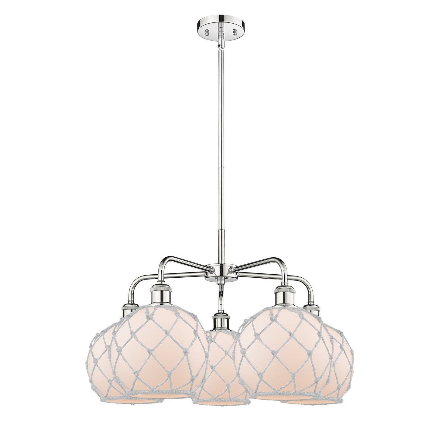 Innovations Farmhouse Rope 27in 5-Light Chandelier | Industrial Polished Chrome and White Glass with White Rope | Dining Room | Model 516-5CR-PC-G121-8RW