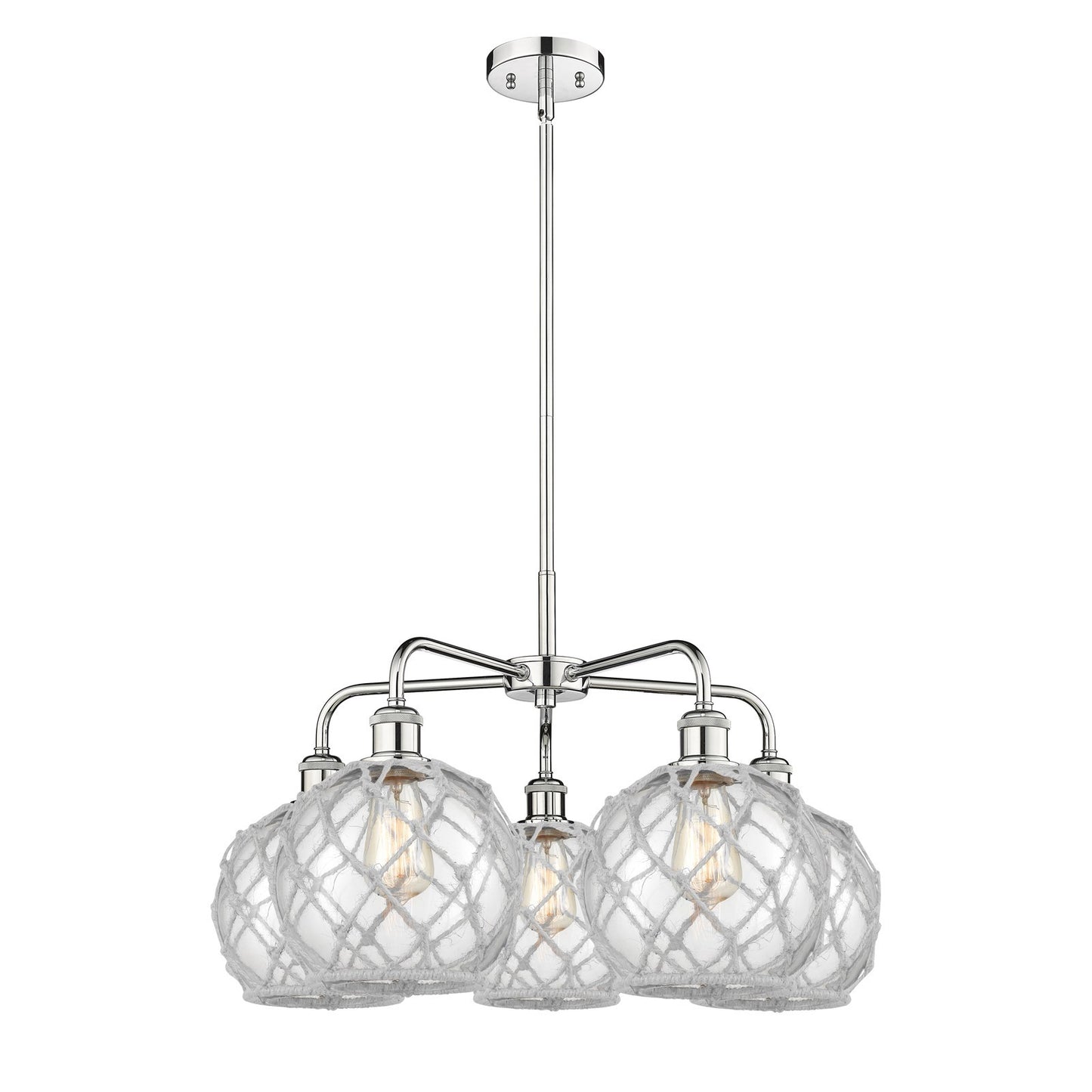 Innovations Farmhouse Rope 27in 5-Light Chandelier | Industrial Polished Chrome and Clear Glass with White Rope | Dining Room | Model 516-5CR-PC-G122-8RW