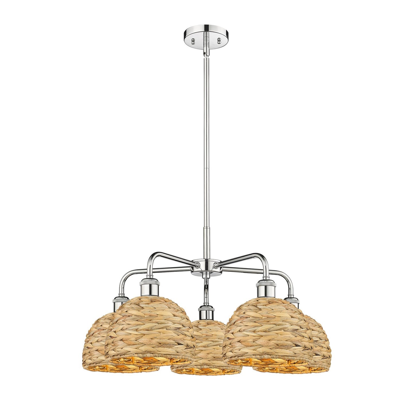 Innovations Woven Rattan 27in 5-Light Chandelier | Industrial Polished Chrome and Natural Rattan | Dining Room & Living Room | Model 516-5CR-PC-RBD-8-NAT