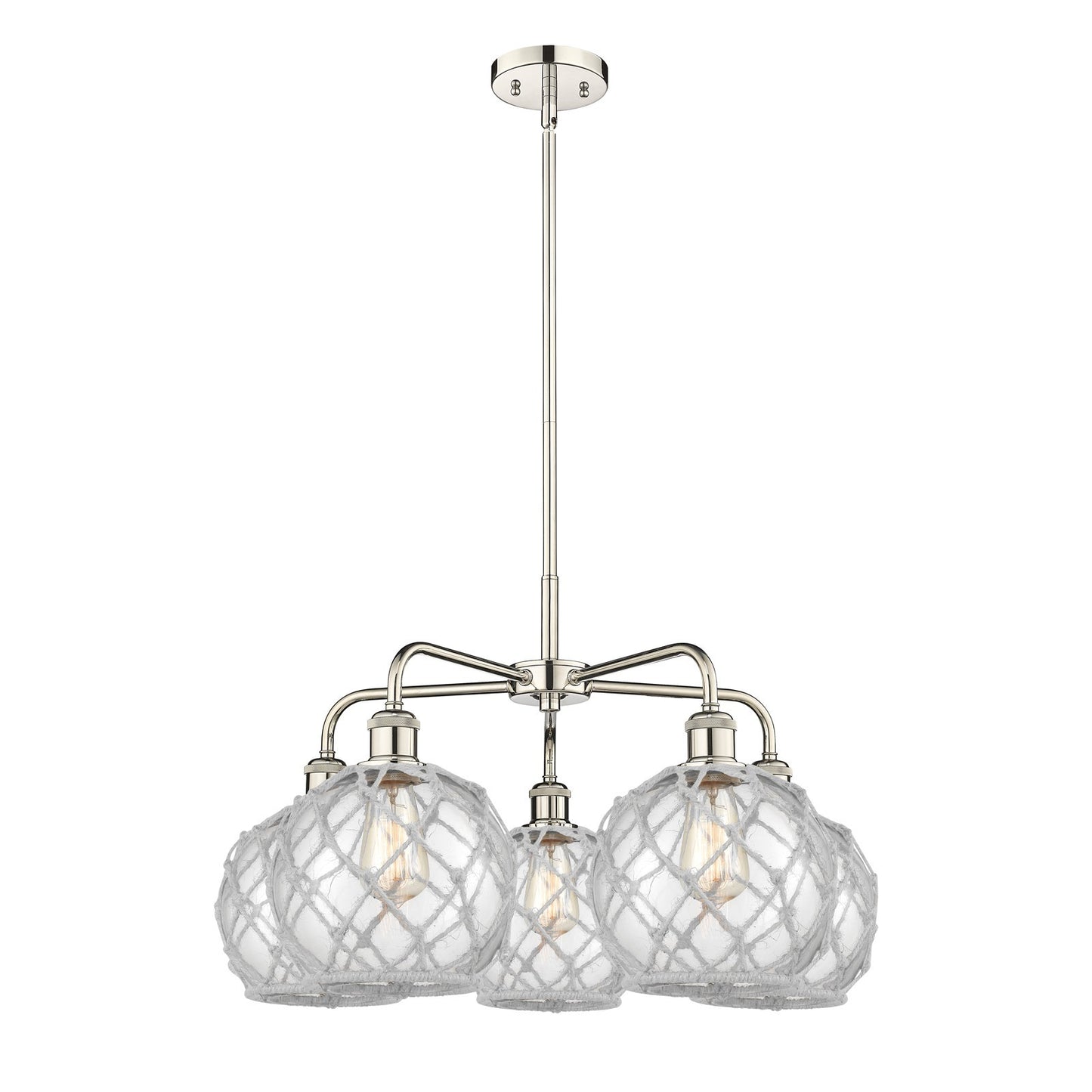 Innovations Farmhouse Rope 27in 5-Light Chandelier | Industrial Polished Nickel and Clear Glass with White Rope | Dining Room | Model 516-5CR-PN-G122-8RW