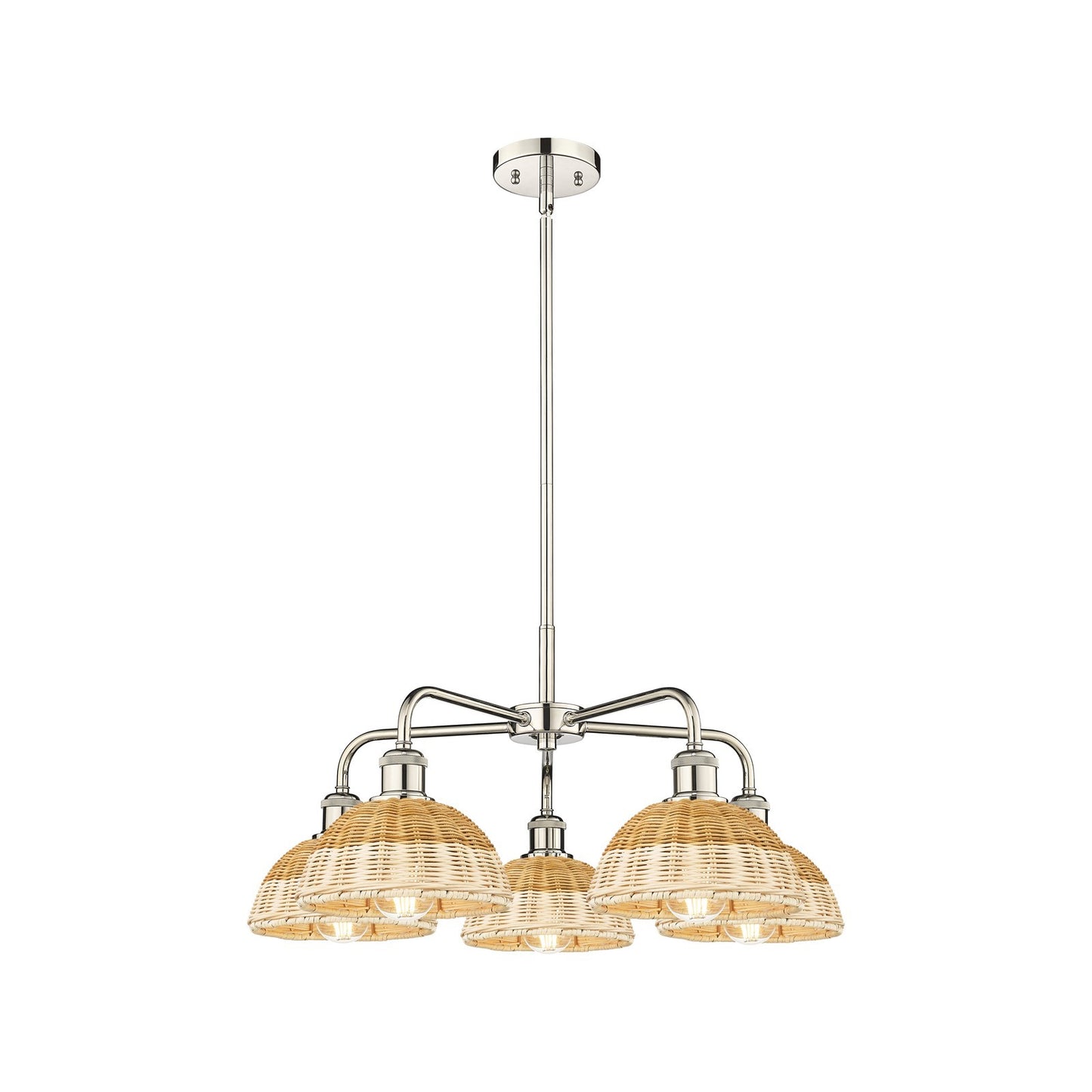 Innovations Bristol Natural II 26in 5-Light Chandelier | Industrial Polished Nickel and Natural Fiber Dome Shade | Damp | Model 516-5CR-PN-NBD2-75-NAT