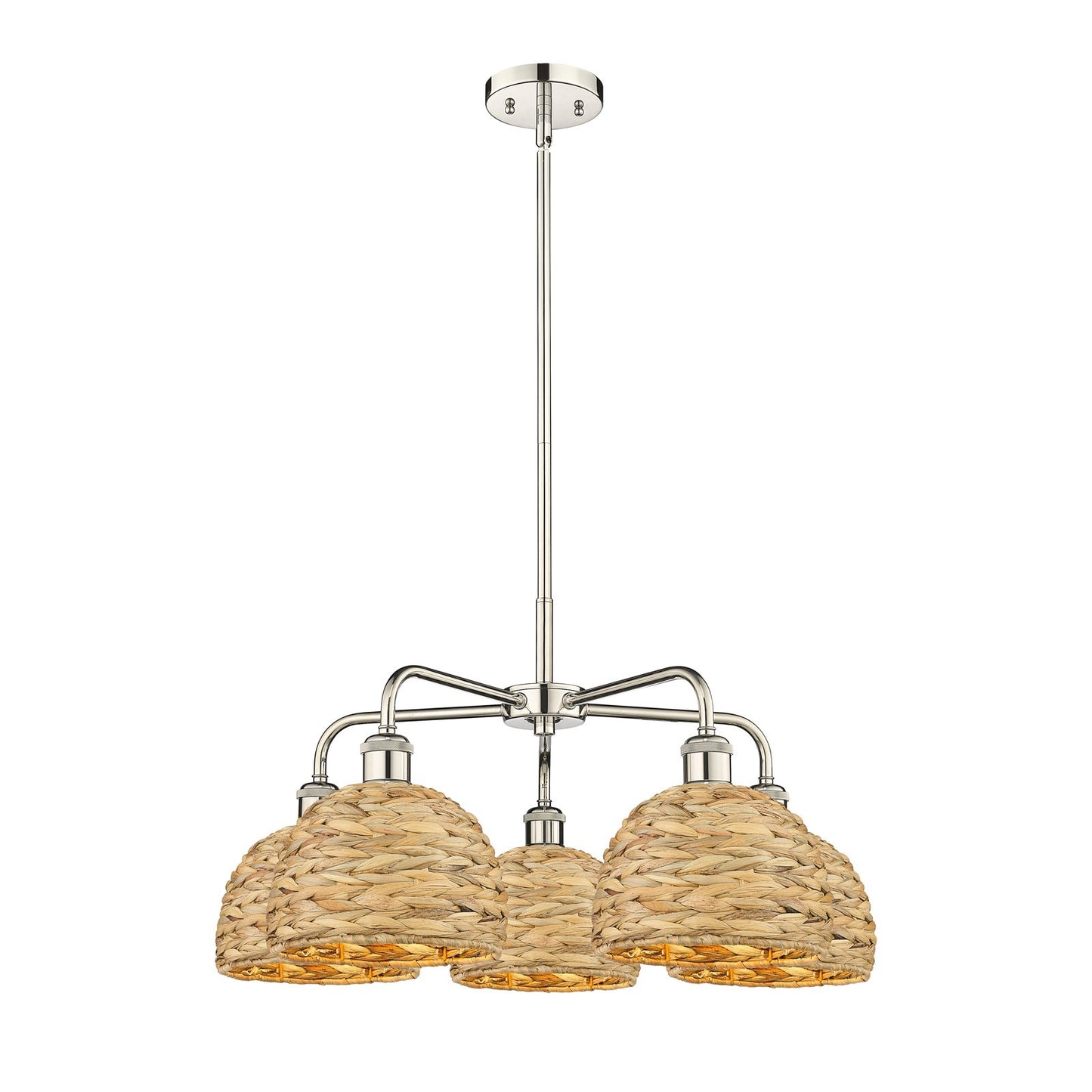 Innovations Ballston 27in 5-Light Chandelier | Industrial Polished Nickel and Natural Rattan | Dining Room & Living Room | Model 516-5CR-PN-RBD-8-NAT