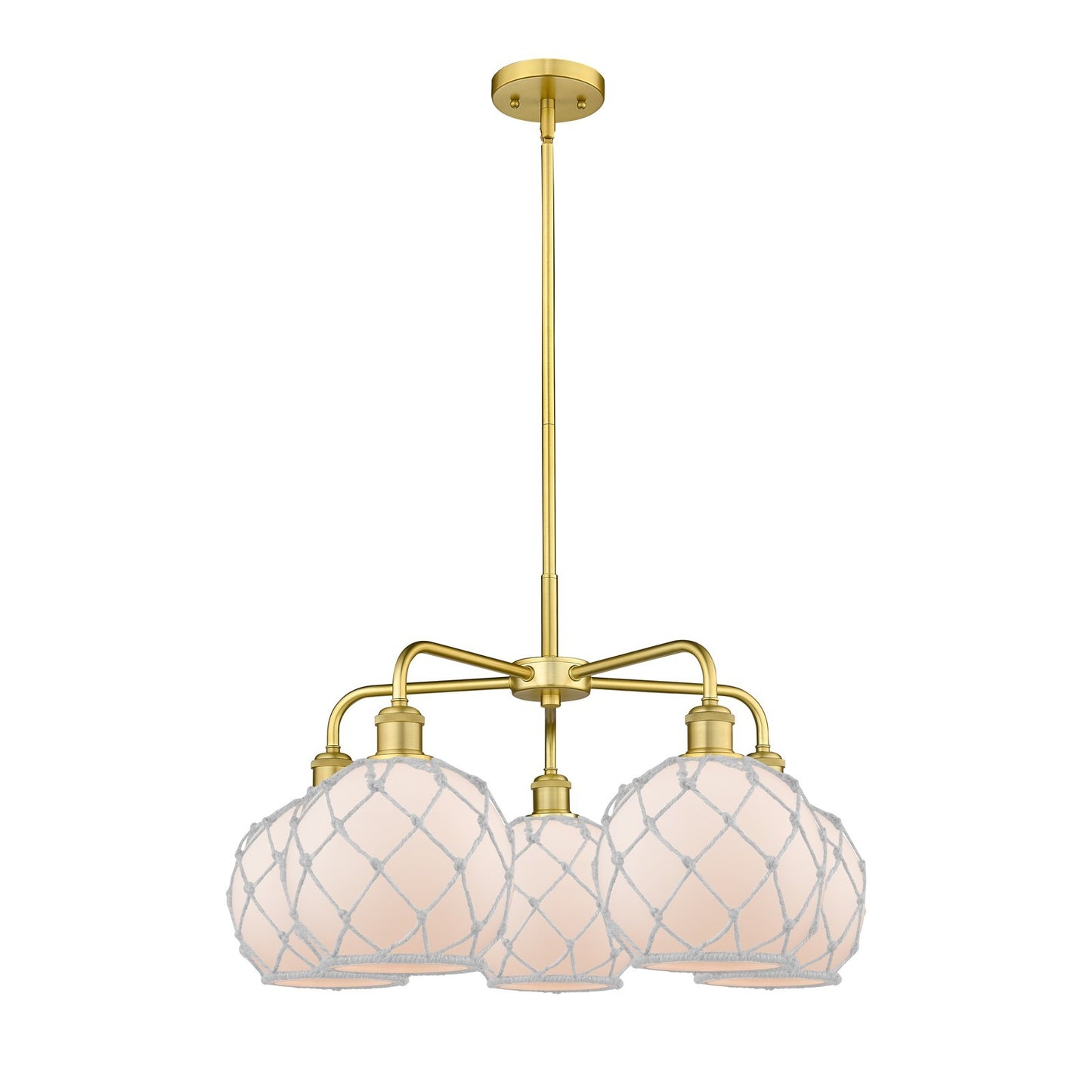 Innovations Farmhouse Rope 27in 5-Light Chandelier | Industrial Satin Gold Steel and White Frosted Glass with Rope Shade | Model 516-5CR-SG-G121-8RW