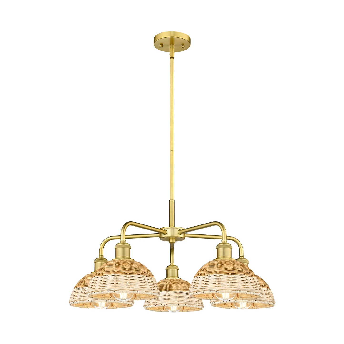 Innovations Bristol Natural II 26in 5-Light Chandelier | Industrial Satin Gold Steel and Natural Fiber Shade | Dining Room | Model 516-5CR-SG-NBD2-75-NAT