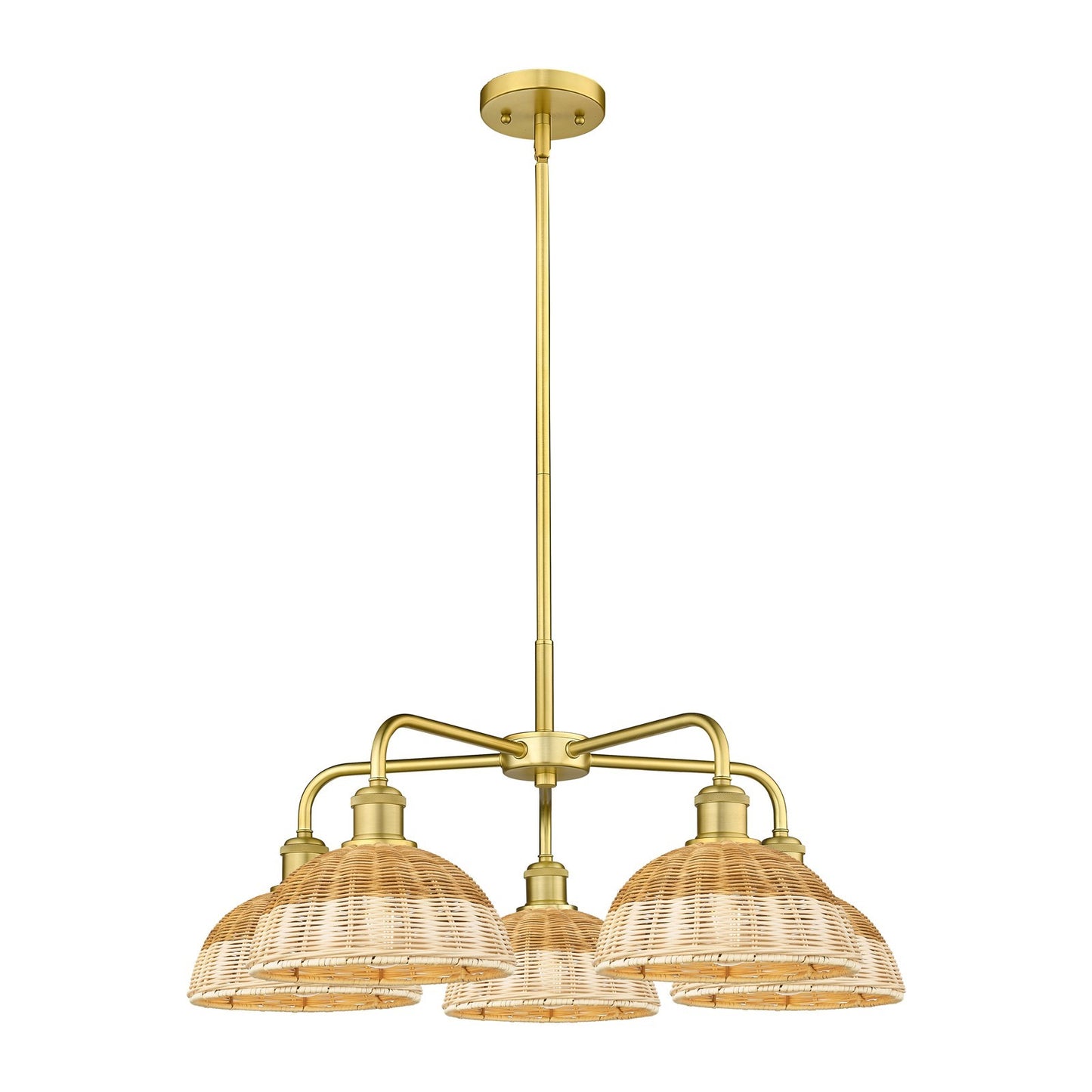 Innovations Bristol Natural II 28in 5-Light Chandelier | Industrial Satin Gold Steel and Natural Fiber Dome Shade | Kitchen | Model 516-5CR-SG-NBD2-9-NAT