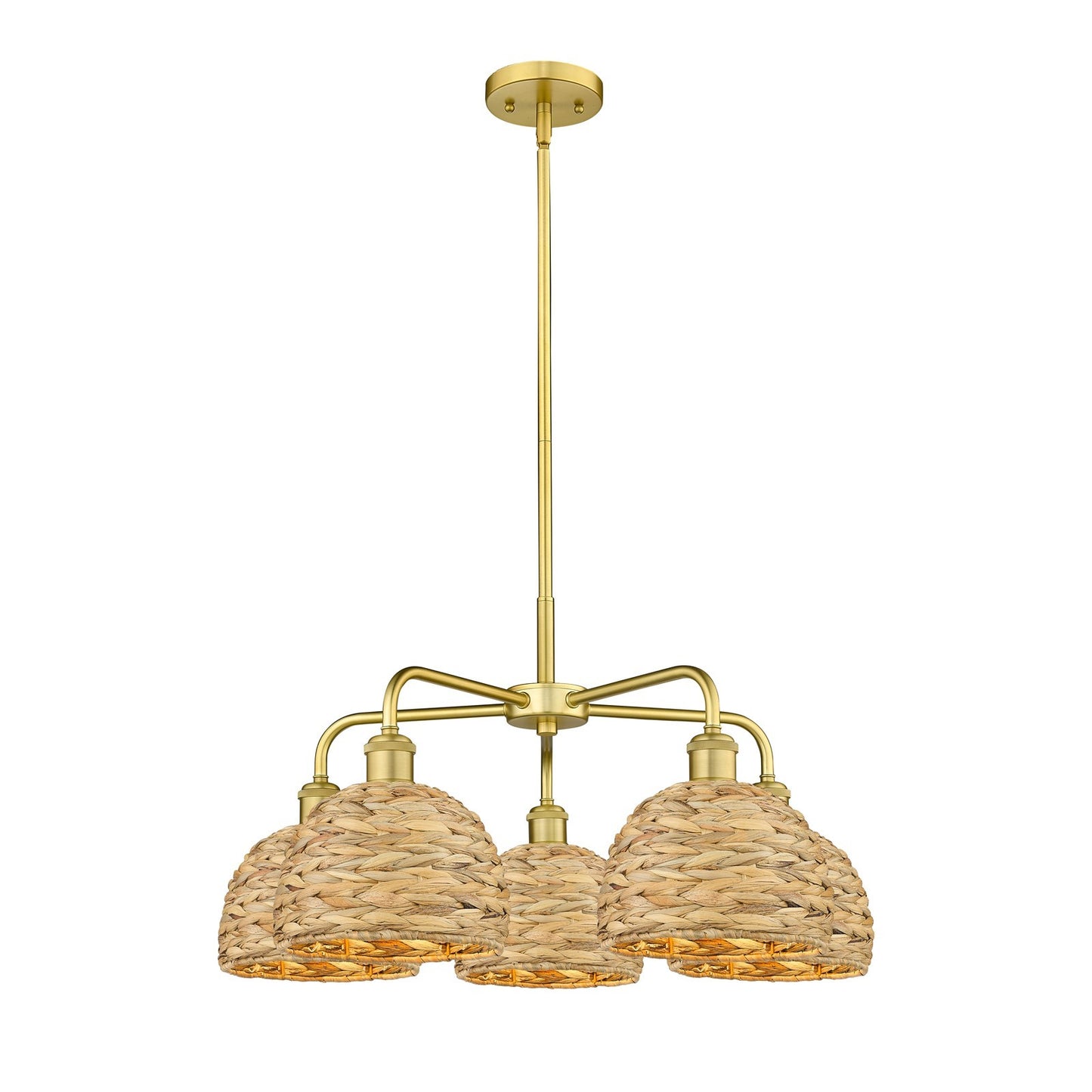 Innovations Woven Rattan 26.5in 5-Light Chandelier | Industrial Satin Gold Steel and Natural Fiber Dome Shade | Kitchen | Model 516-5CR-SG-RBD-8-NAT