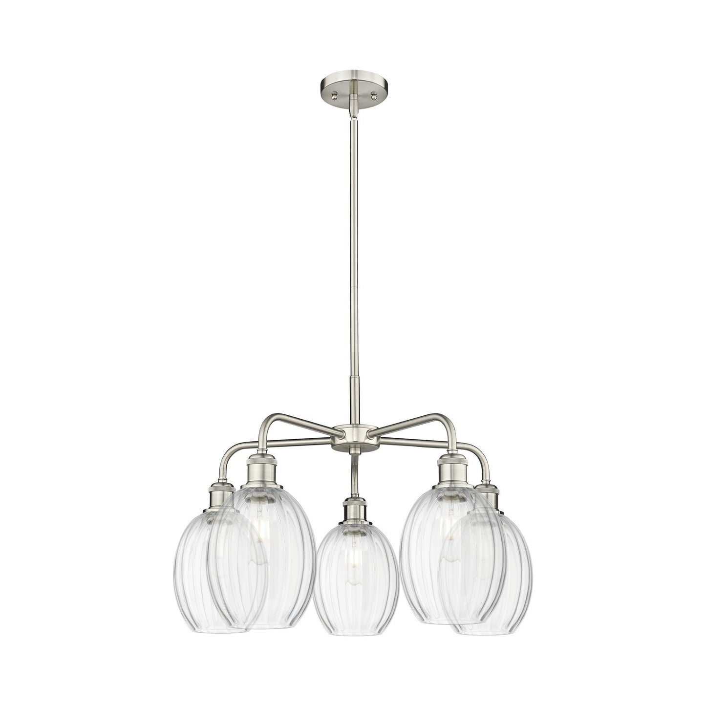 Innovations Preston Bulb 25in 5-Light Chandelier | Industrial Satin Nickel and Clear Glass | Dining Room & Open Living Area | Model 516-5CR-SN-G459-6CL