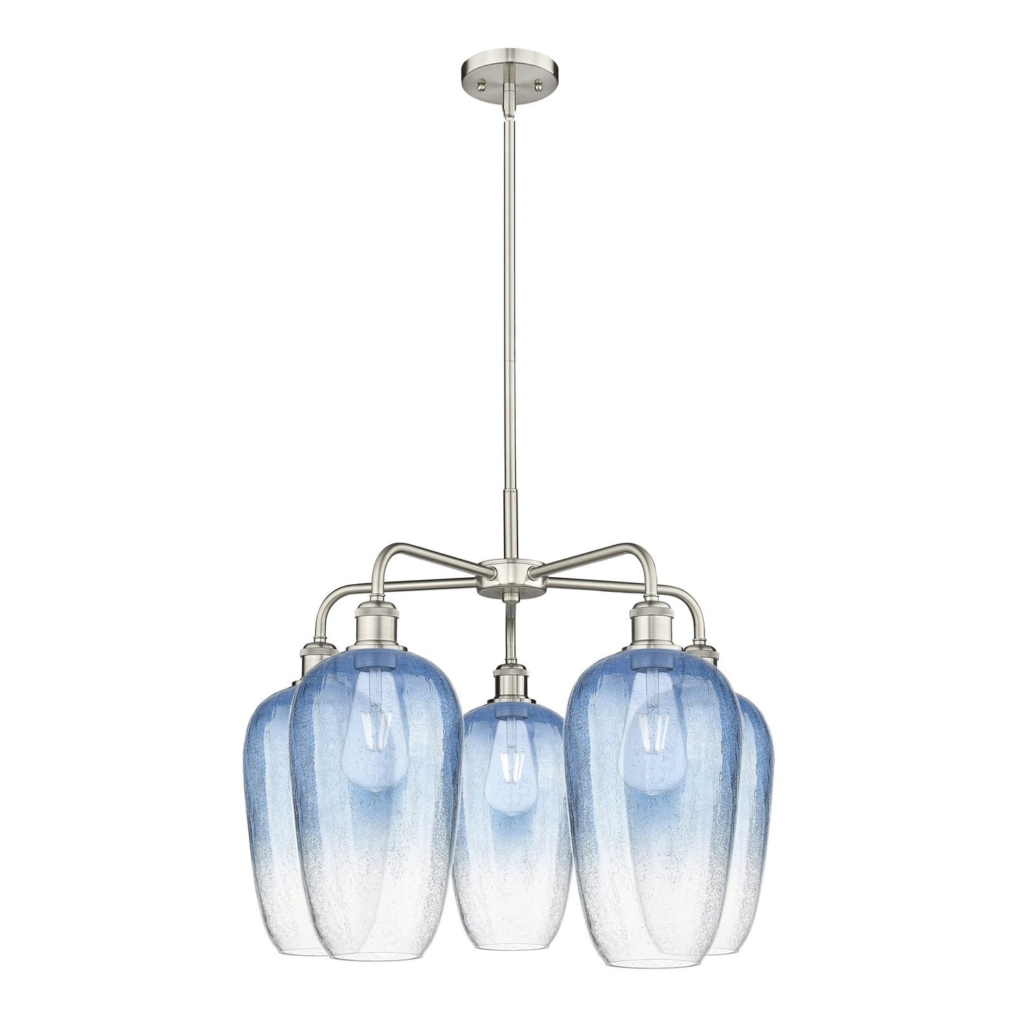 Innovations Brookhaven Flute 26in 5-Light Chandelier | Industrial Satin Nickel Steel and Sapphire Blue Glass | Kitchen Island | Model 516-5CR-SN-G484-7SB