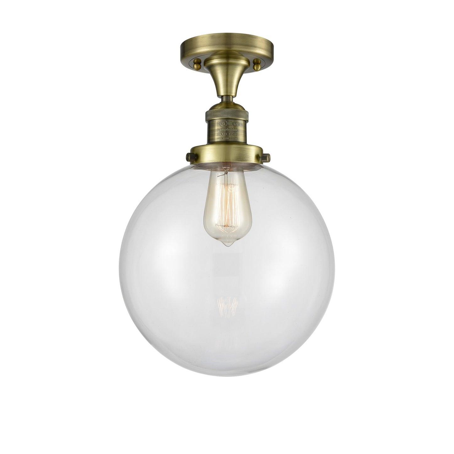 Innovations Beacon 10in 1-Light Semi-Flush Mount | Industrial Antique Brass Steel and Clear Glass | Damp-Rated Hallway & | Model 517-1CH-AB-G202-10-LED