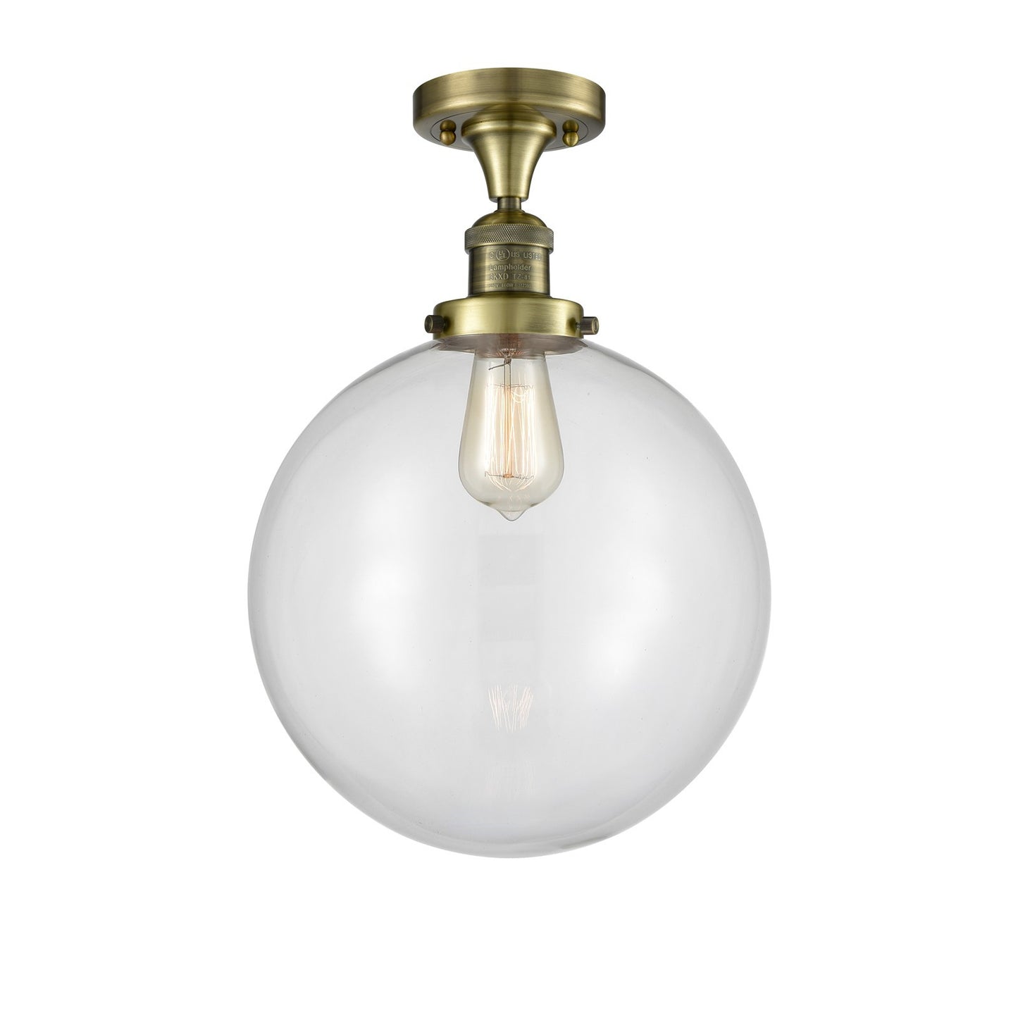 Innovations Beacon 12in 1-Light Semi-Flush Mount | Industrial Restoration-Vintage Antique Brass and Clear Glass | Kitchen & | Model 517-1CH-AB-G202-12-LED