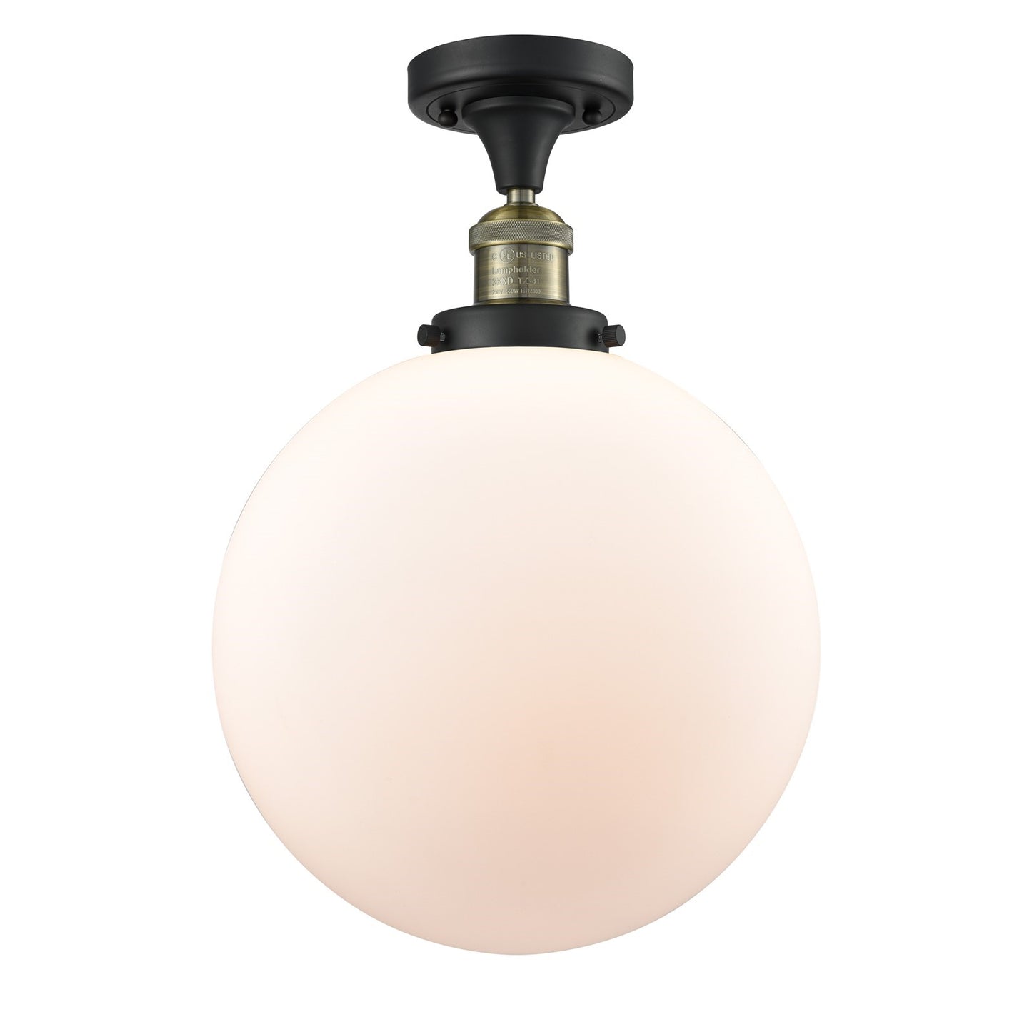 Innovations Beacon 12in 1-Light Semi-Flush Mount | Industrial Black Antique Brass Steel and Matte White Frosted Glass | Model 517-1CH-BAB-G201-12-LED