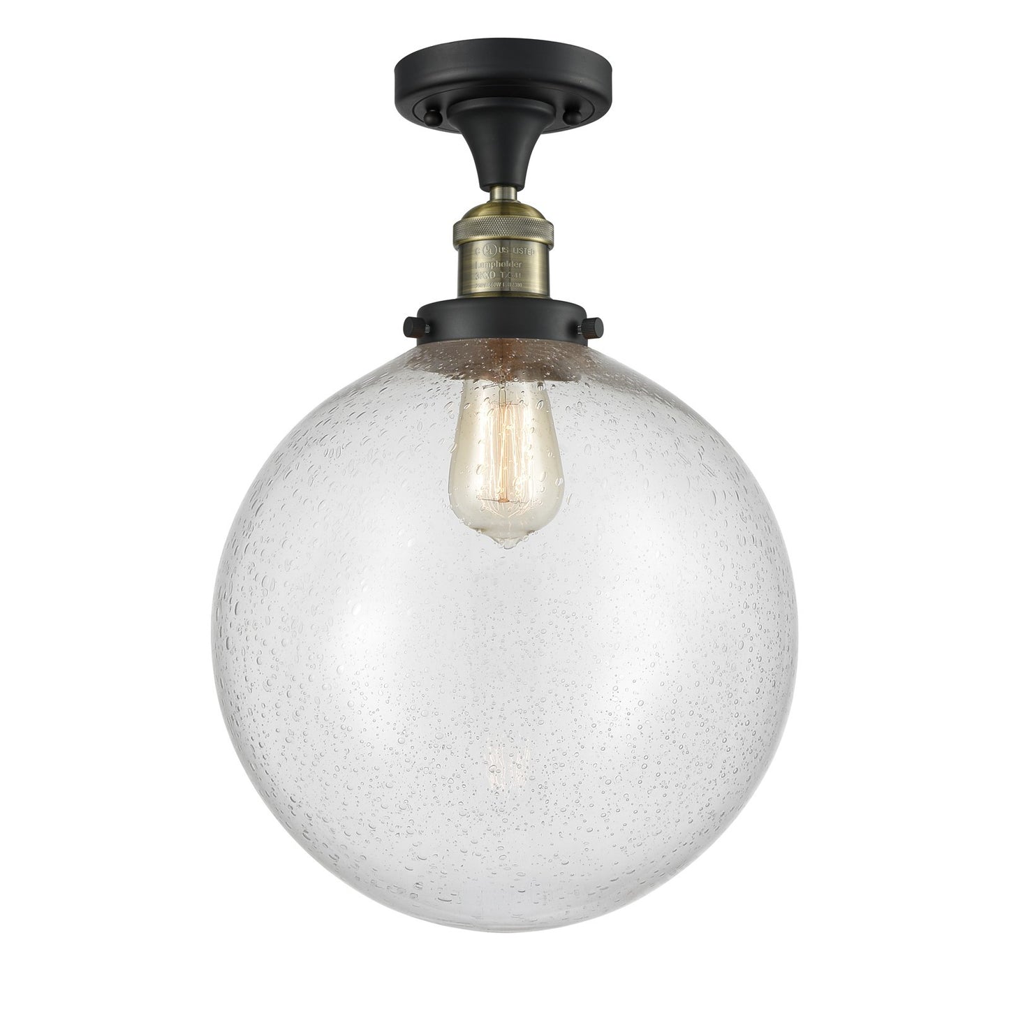 Innovations Beacon 12in 1-Light Semi-Flush Mount | Industrial Black Antique Brass Steel and Seedy Glass | Entryway & | Model 517-1CH-BAB-G204-12-LED