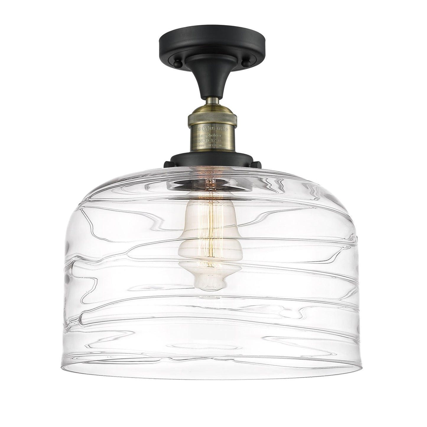 Innovations Bell 12in 1-Light Semi-Flush Mount | Industrial Black Antique Brass and Clear Deco Swirl Glass | Entryway & Hallway | Model 517-1CH-BAB-G713-L