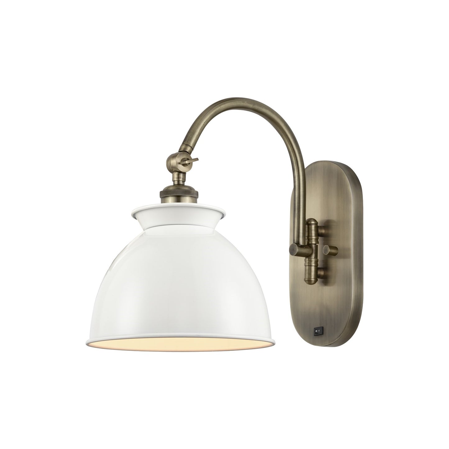 Innovations Adirondack 8.25in 1-Light Swing Arm Lamp | Industrial Farmhouse Antique Brass and Glossy White Metal Shade | Living | Model 518-1W-AB-M14-W