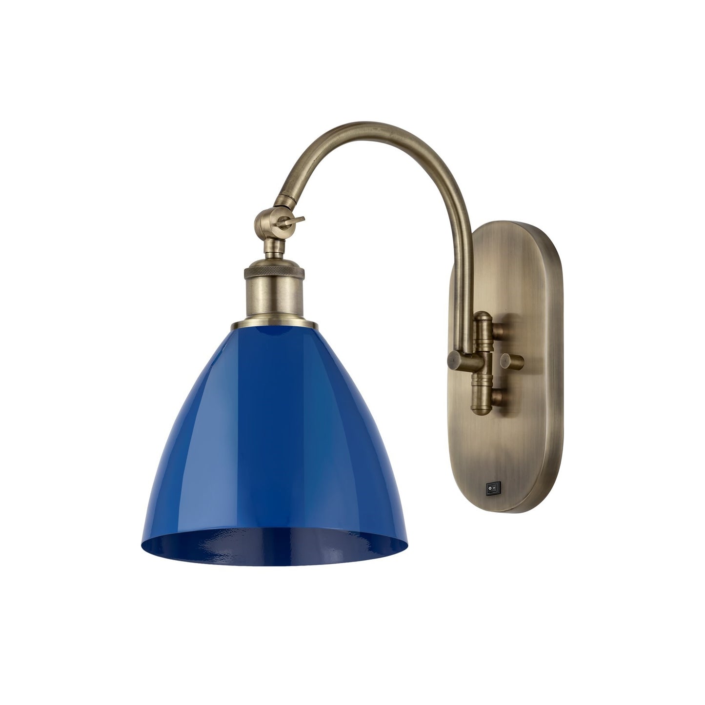 Innovations Plymouth 7.5in 1-Light Swing Arm Lamp | Industrial Antique Brass Steel and Matte Blue Metal Shade | Bedroom | Model 518-1W-AB-MBD-75-BL