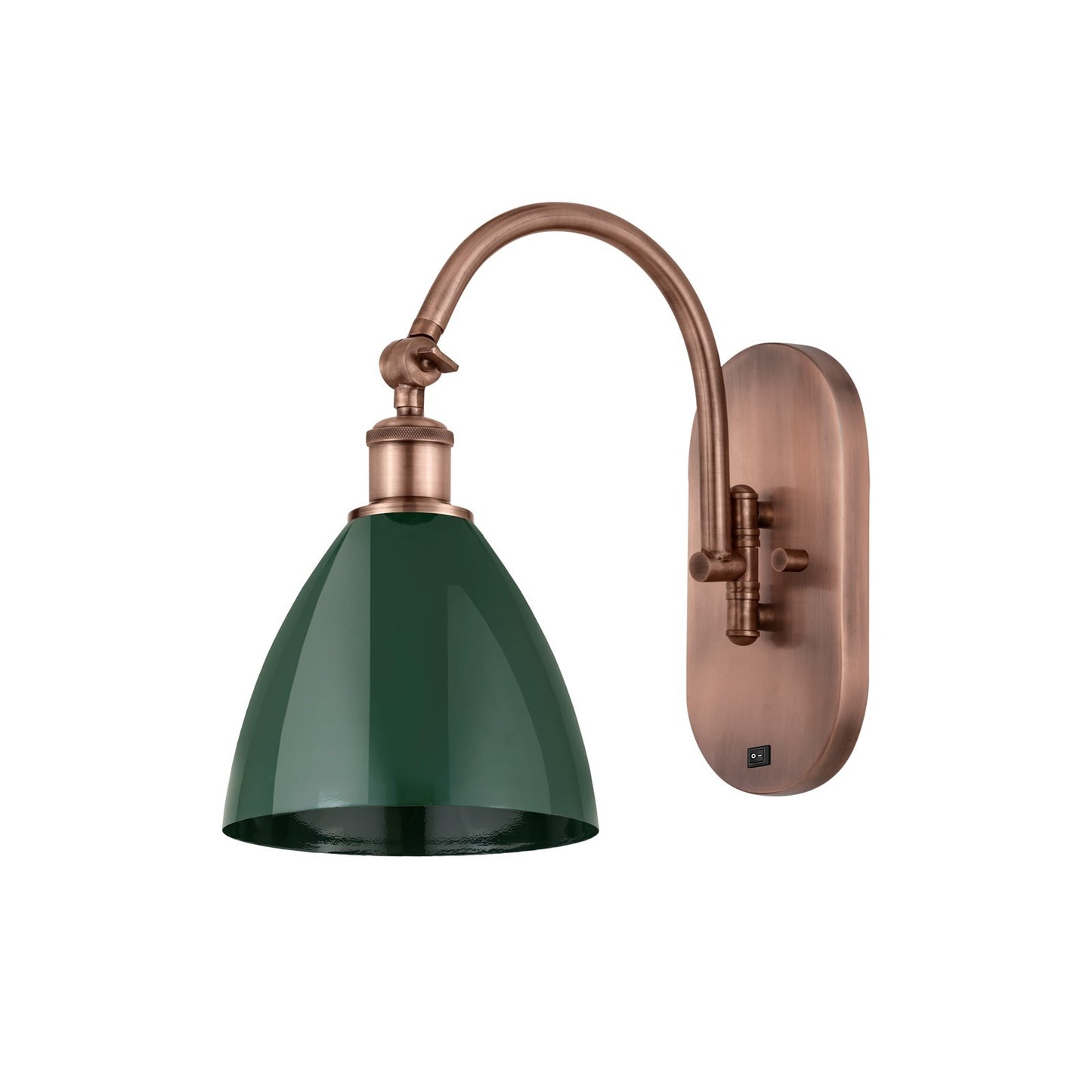 Innovations Plymouth 1-Light 7.5in Swing Arm Wall Sconce | Industrial Farmhouse Antique Copper and Matte Green Metal Shade | Model 518-1W-AC-MBD-75-GR