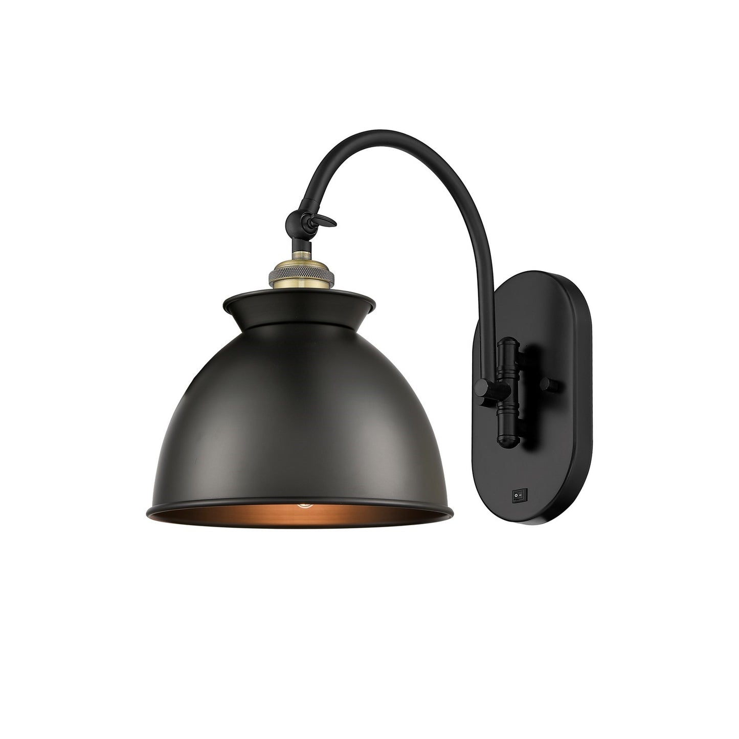 Innovations Adirondack 8.25in 1-Light Swing Arm Lamp | Industrial Black Antique Brass and Matte Black Metal Shade | Bedroom | Model 518-1W-BAB-M14-BK-LED