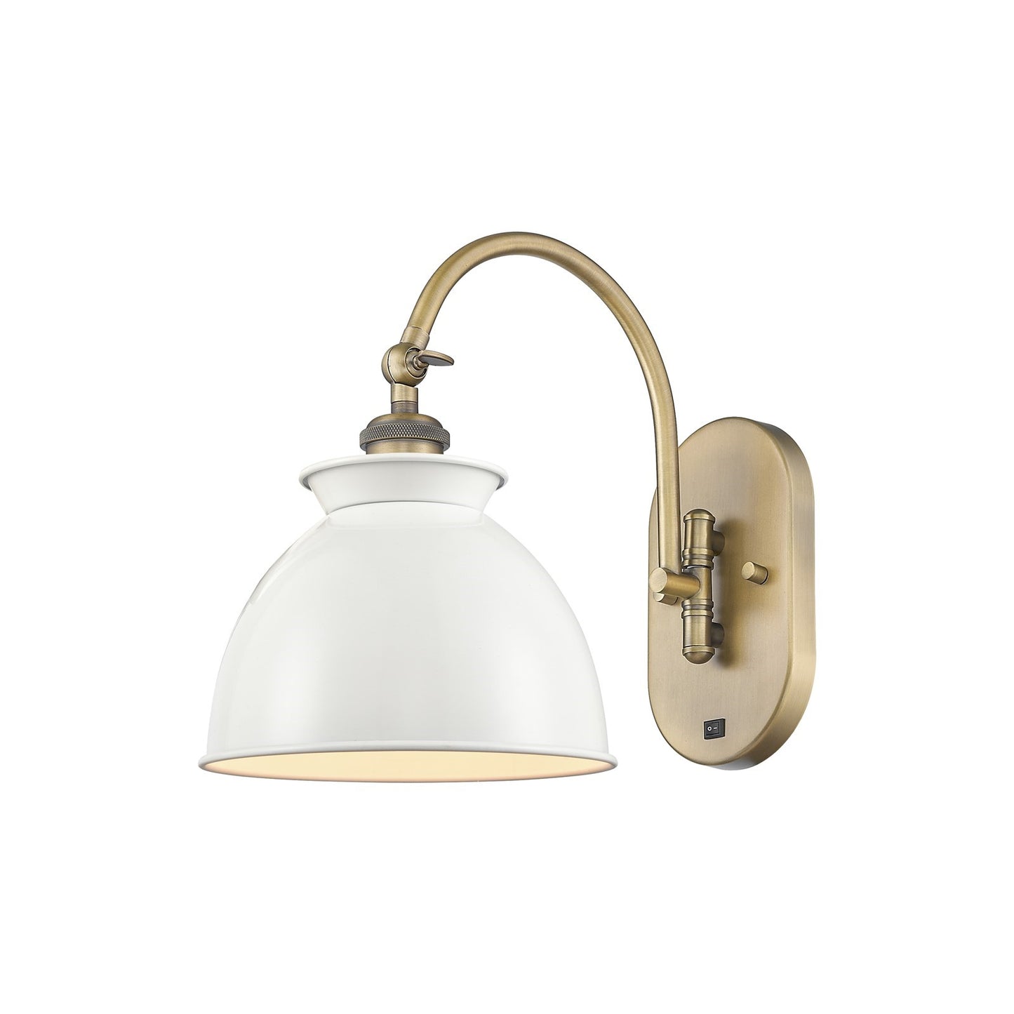 Innovations Adirondack 1-Light Swing Arm Sconce | Industrial Farmhouse Brushed Brass and Glossy White Metal Shade | Bedroom & | Model 518-1W-BB-M14-W-LED