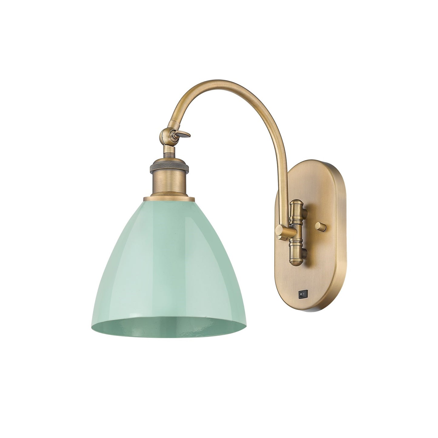 Innovations Plymouth 1-Light 7.5in Swing Arm Wall Sconce | Industrial Farmhouse Brushed Brass and Matte Seafoam Metal Shade | Model 518-1W-BB-MBD-75-SF