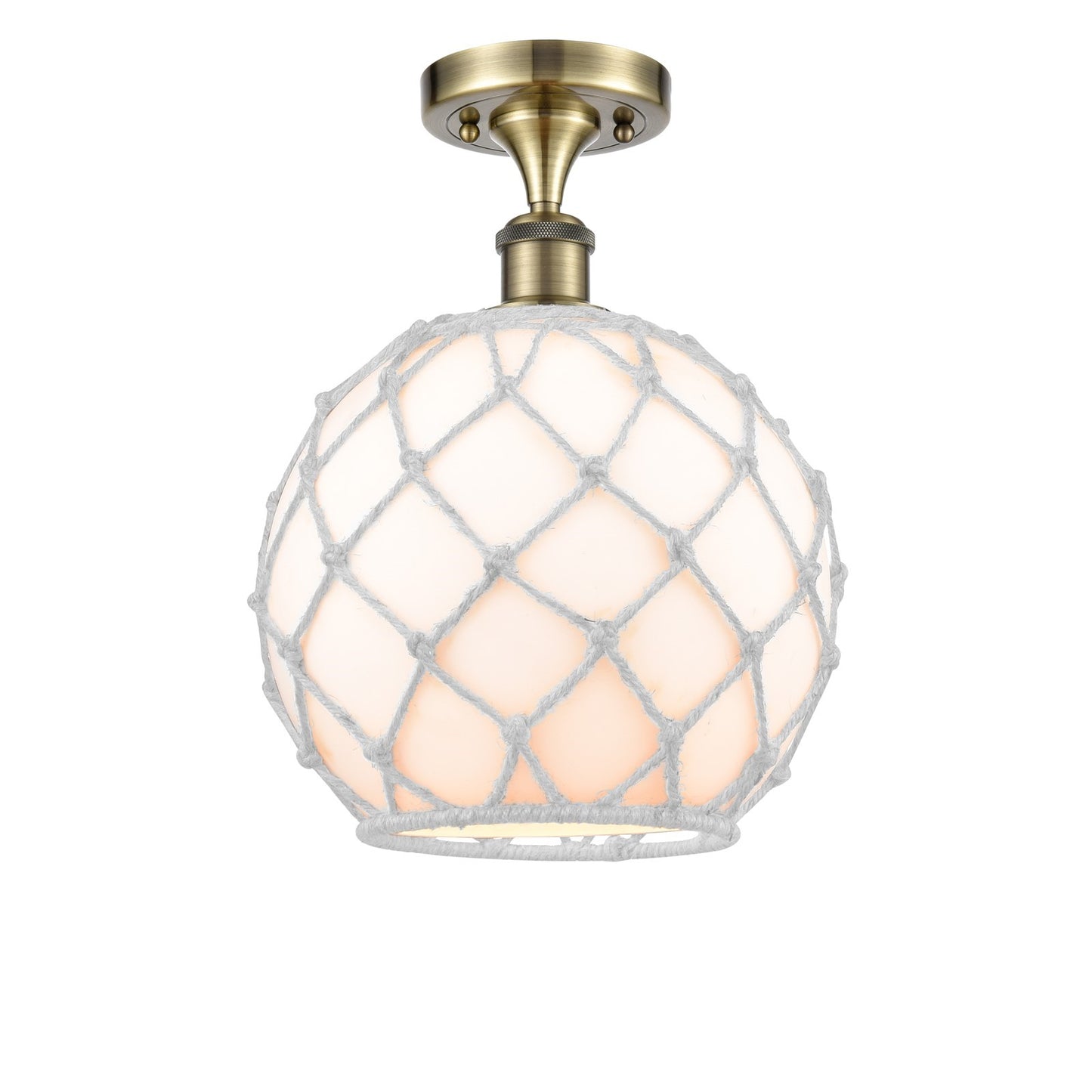 Innovations Farmhouse Rope 10in 1-Light Semi-Flush Mount | Industrial Antique Brass Steel and White Glass with White Rope | Model 616-1F-AB-G121-10RW