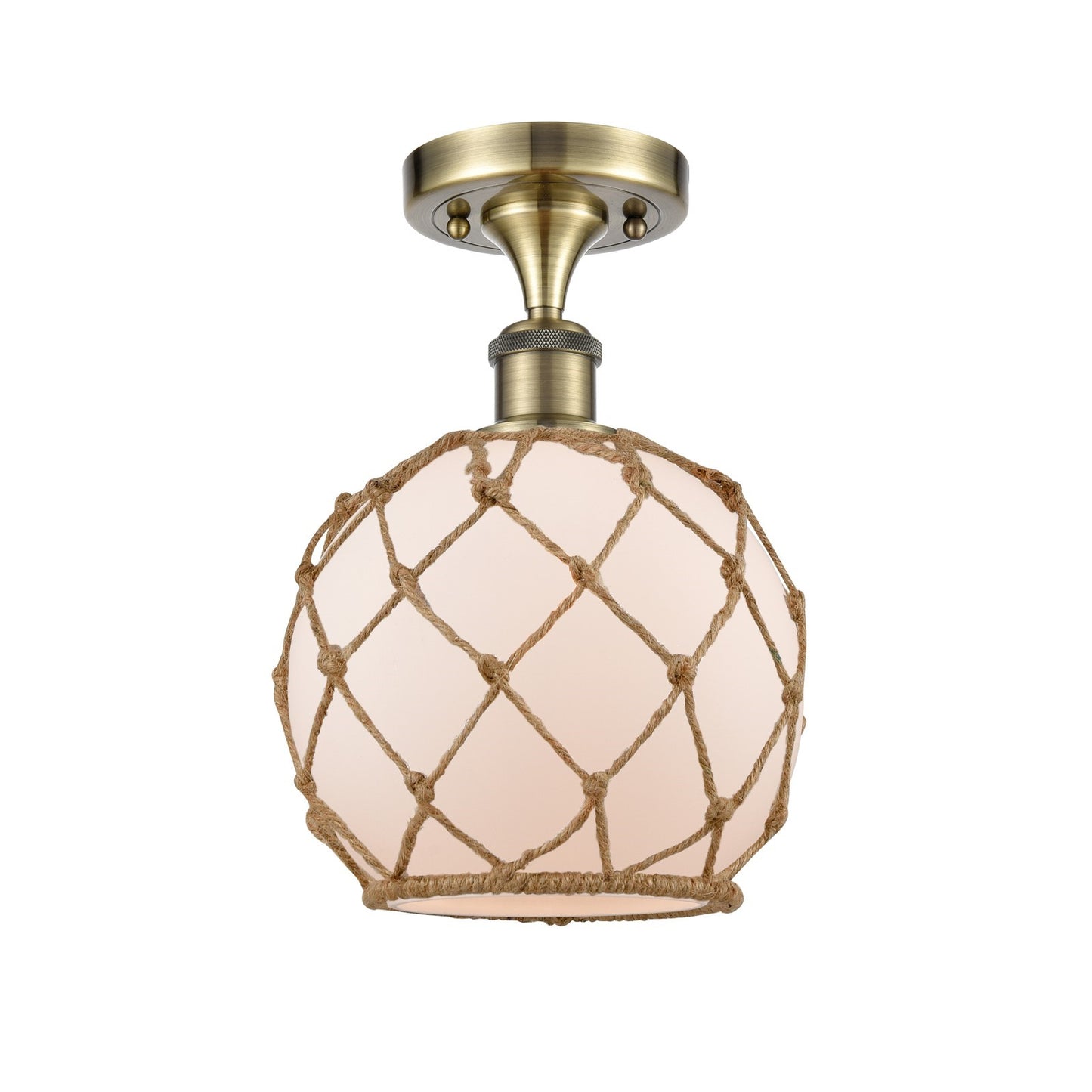 Innovations Farmhouse Rope 8in 1-Light Semi-Flush Mount | Industrial Farmhouse Antique Brass Steel and White Frosted Glass with | Model 616-1F-AB-G121-8RB
