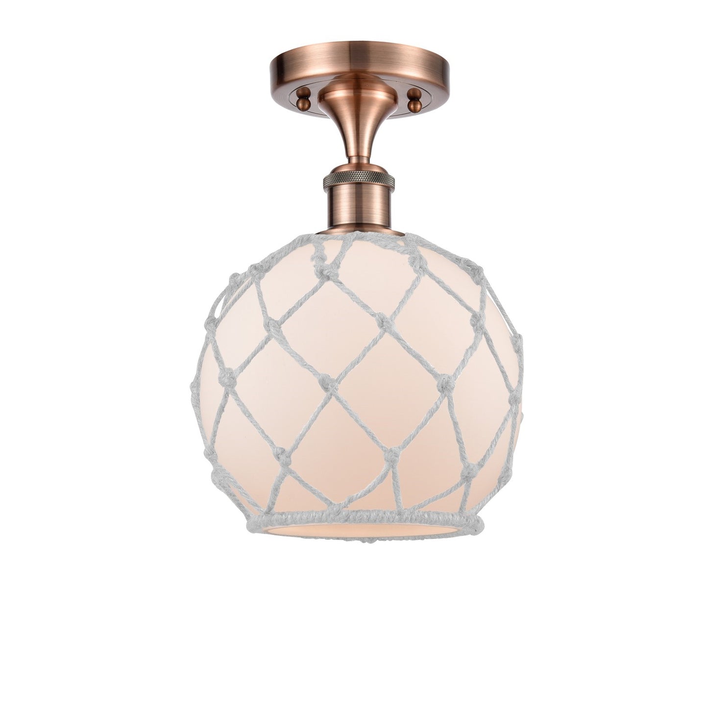 Innovations Farmhouse Rope 8in 1-Light Semi-Flush Mount | Industrial Antique Copper Steel and White Frosted Glass Rope Shade | Model 616-1F-AC-G121-8RW
