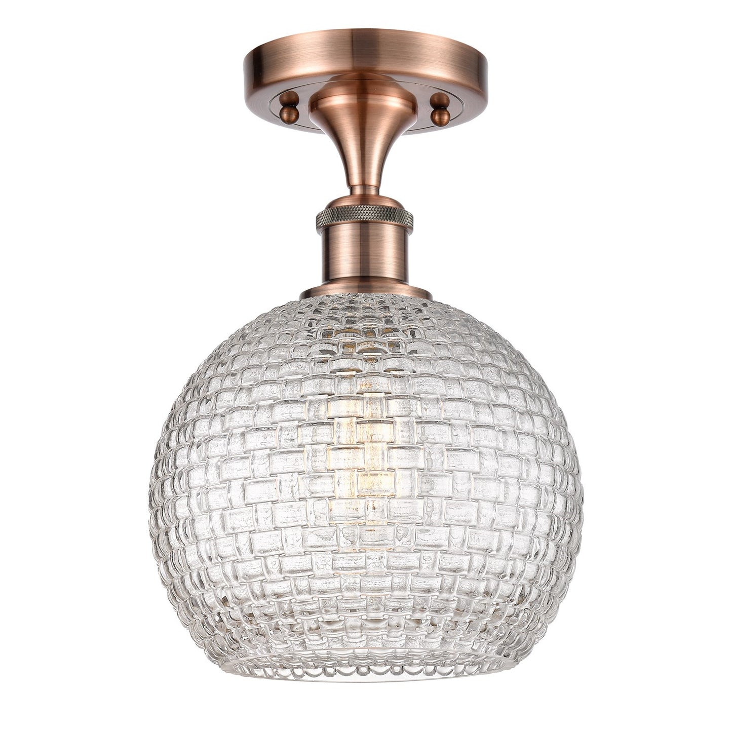 Innovations Athens 8in 1-Light Semi-Flush Mount | Modern Farmhouse Antique Copper Steel and Clear Basket Weave Glass | Model 616-1F-AC-G122C-8CL