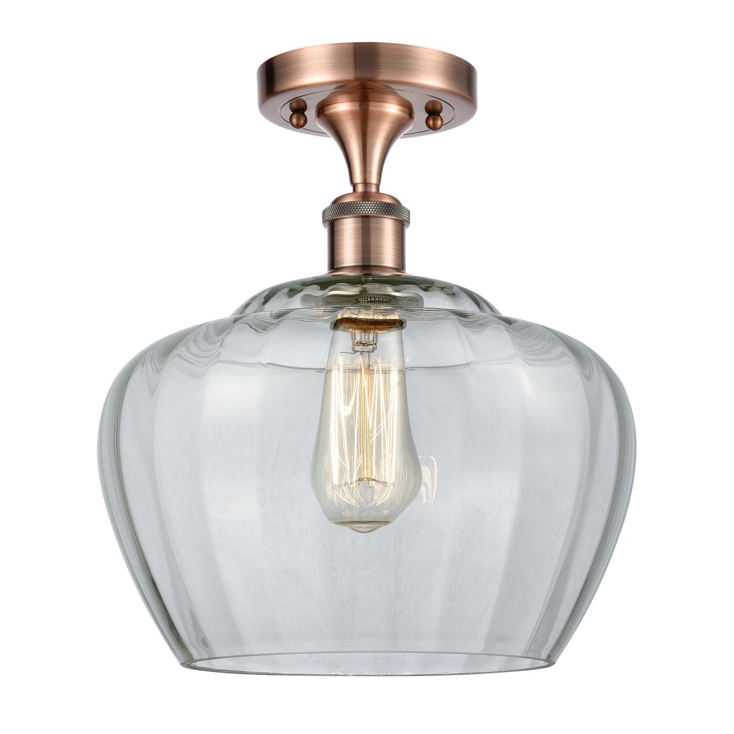 Innovations Fenton 11in 1-Light Semi-Flush Mount | Industrial Antique Copper Steel and Clear Ribbed Glass | Kitchen & Hallway | 11 | Model 616-1F-AC-G92-L