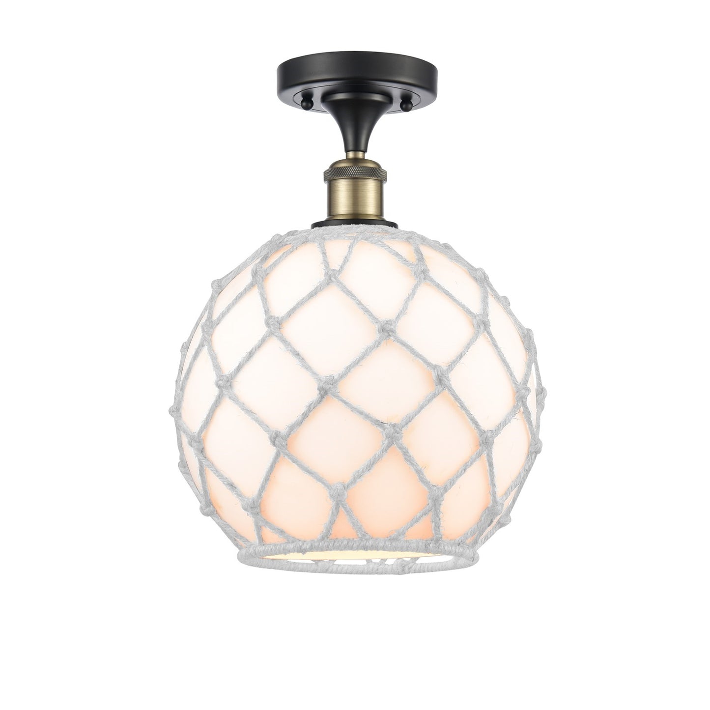 Innovations Farmhouse Rope 10in 1-Light Semi-Flush Mount | Industrial Black Antique Brass and White Glass Rope Shade | Model 616-1F-BAB-G121-10RW