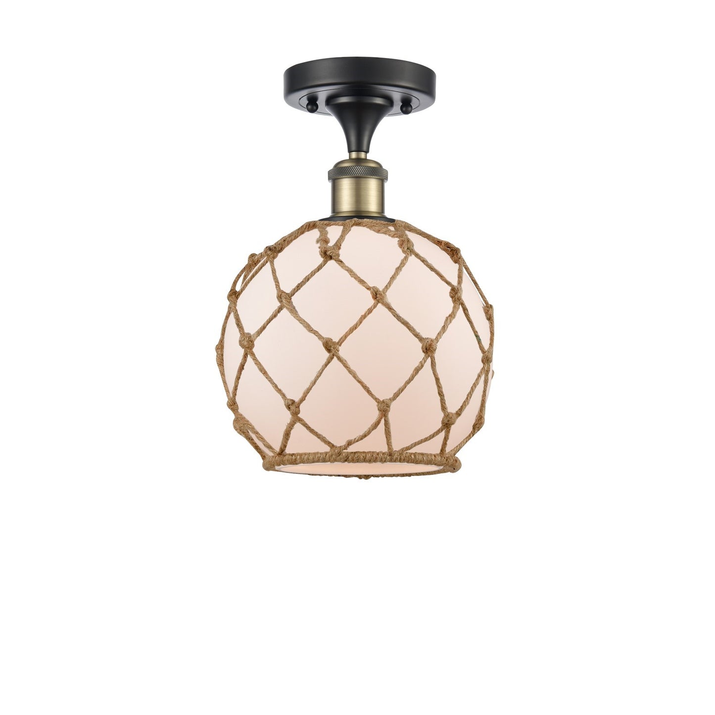 Innovations Farmhouse Rope 8in 1-Light Semi-Flush Mount | Industrial Black Antique Brass and White Frosted Glass with Brown | Model 616-1F-BAB-G121-8RB