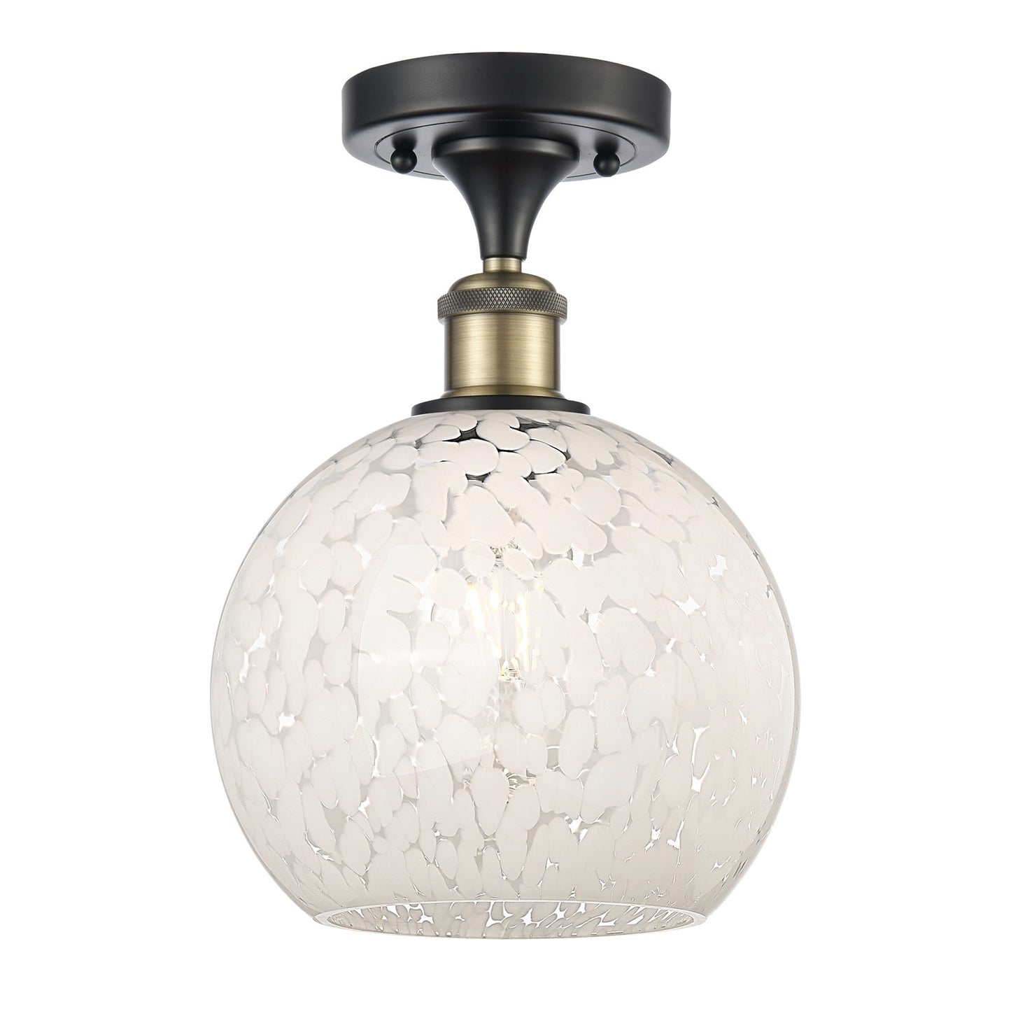 Innovations White Mouchette 8in 1-Light Semi-Flush Mount | Art Nouveau Black Antique Brass and White Glass | Damp-Rated | Model 616-1F-BAB-G1216-8WM