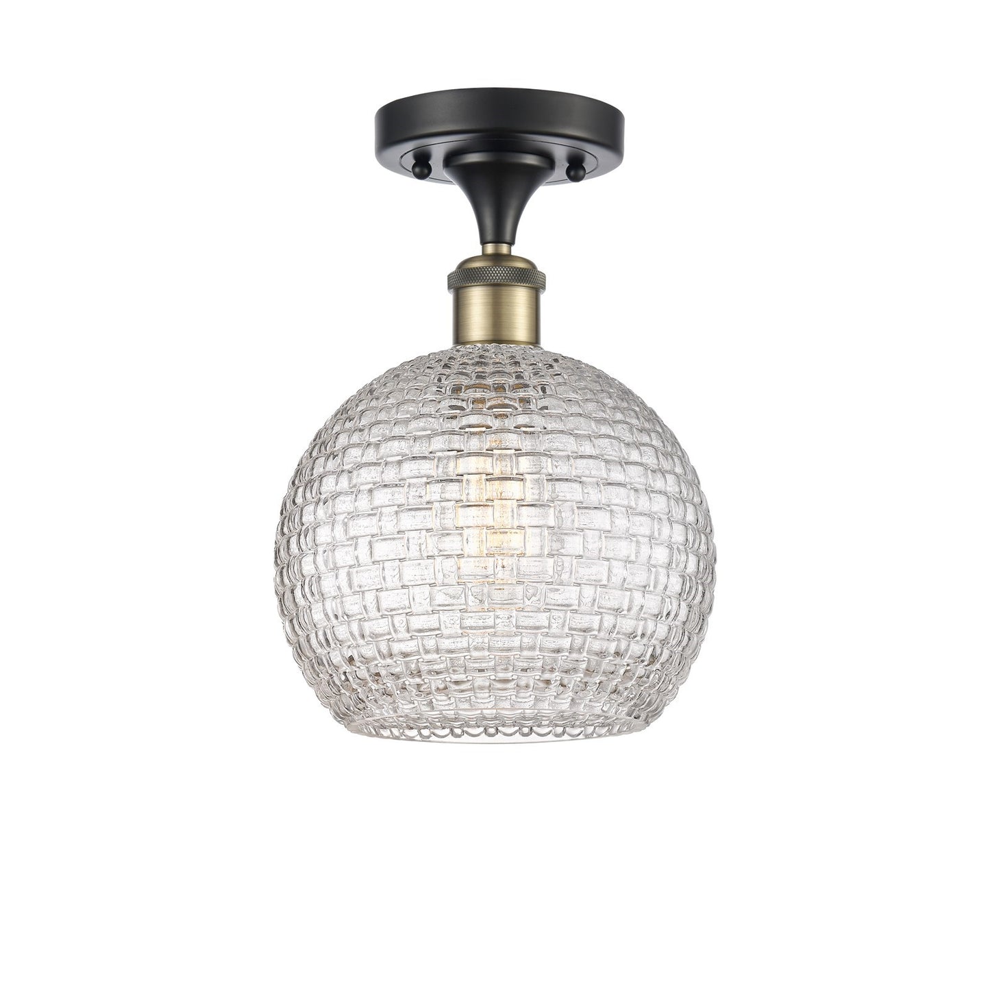 Innovations Athens 8in 1-Light Semi-Flush Mount | Modern Farmhouse Black Antique Brass and Clear Basket Weave Glass | Hallway | Model 616-1F-BAB-G122C-8CL