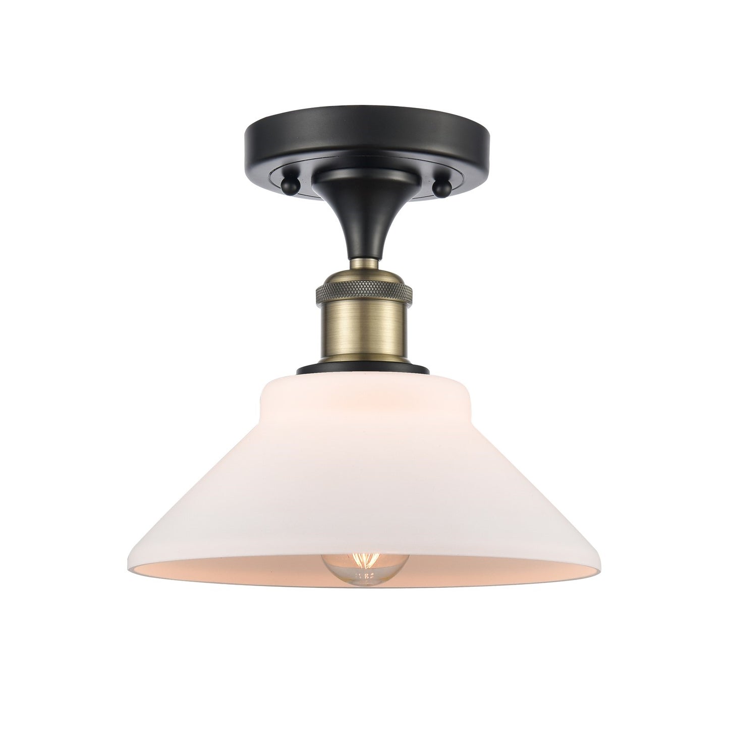 Innovations Orwell 8in 1-Light Semi-Flush Mount | Industrial Black Antique Brass Steel and Matte White Glass | Damp-Rated Hallway | Model 616-1F-BAB-G131