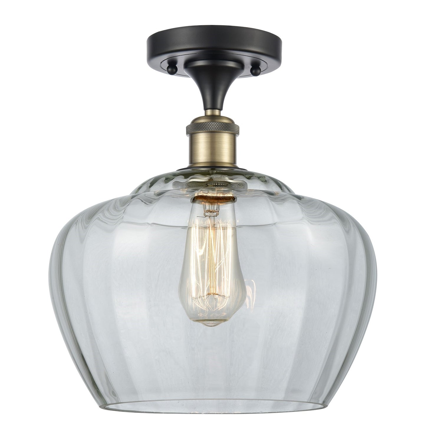 Innovations Fenton 11in 1-Light Semi-Flush Mount | Industrial Black Antique Brass and Clear Ribbed Glass | Damp-Rated Hallway & | Model 616-1F-BAB-G92-L