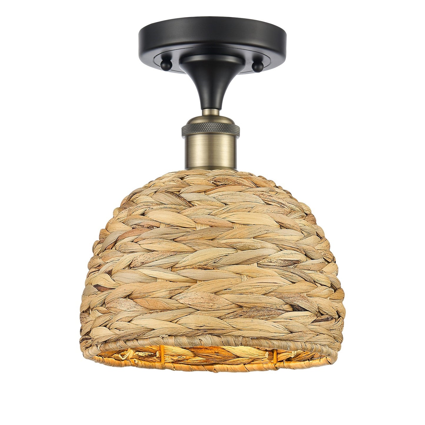 Innovations Woven Rattan 8in 1-Light Semi-Flush Mount | Rustic Black Antique Brass and Natural Woven Rattan | Entryway & | Model 616-1F-BAB-RBD-8-NAT