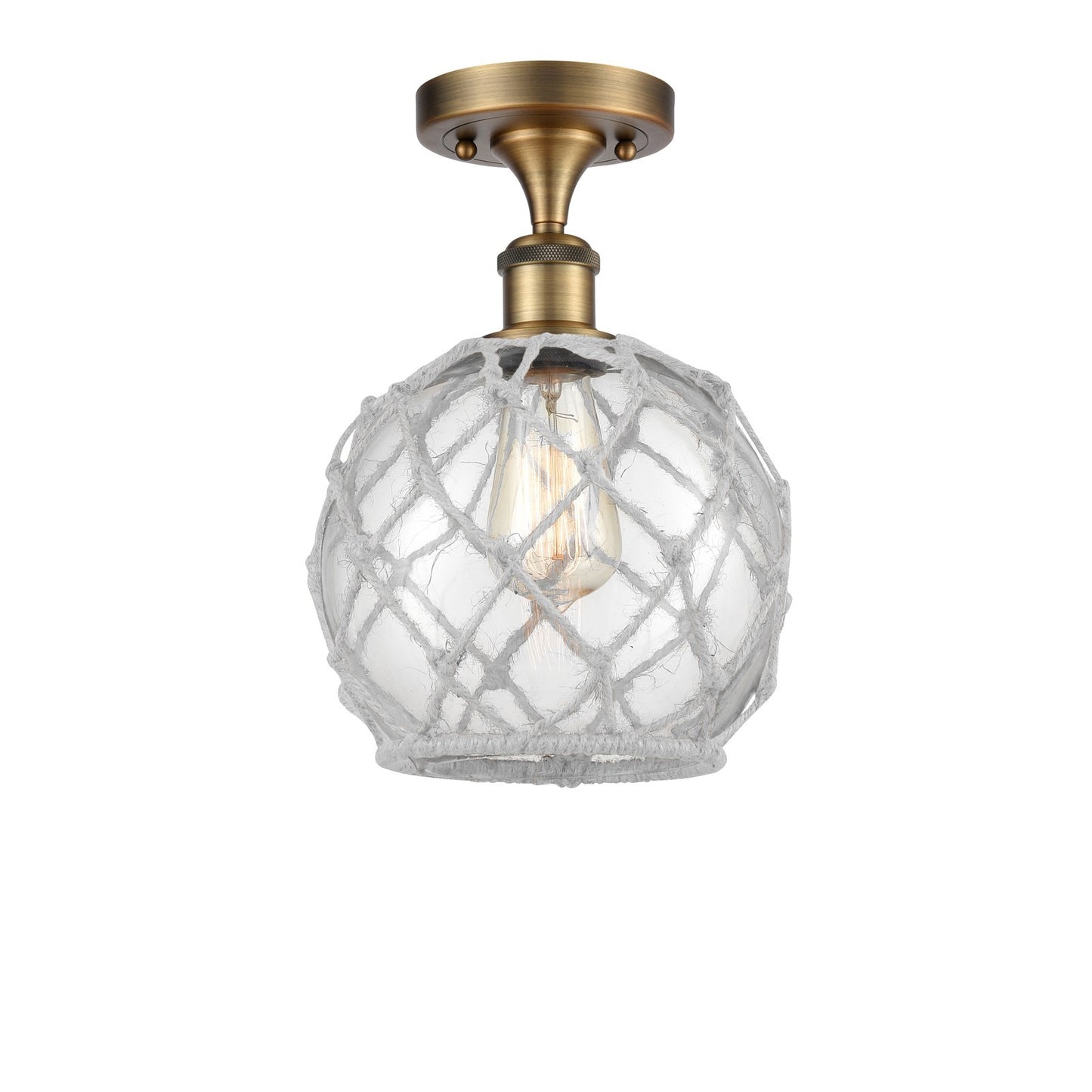 Innovations Farmhouse Rope 8in 1-Light Semi-Flush Mount | Industrial Brushed Brass Steel and Clear Glass with White Rope | Model 616-1F-BB-G122-8RW