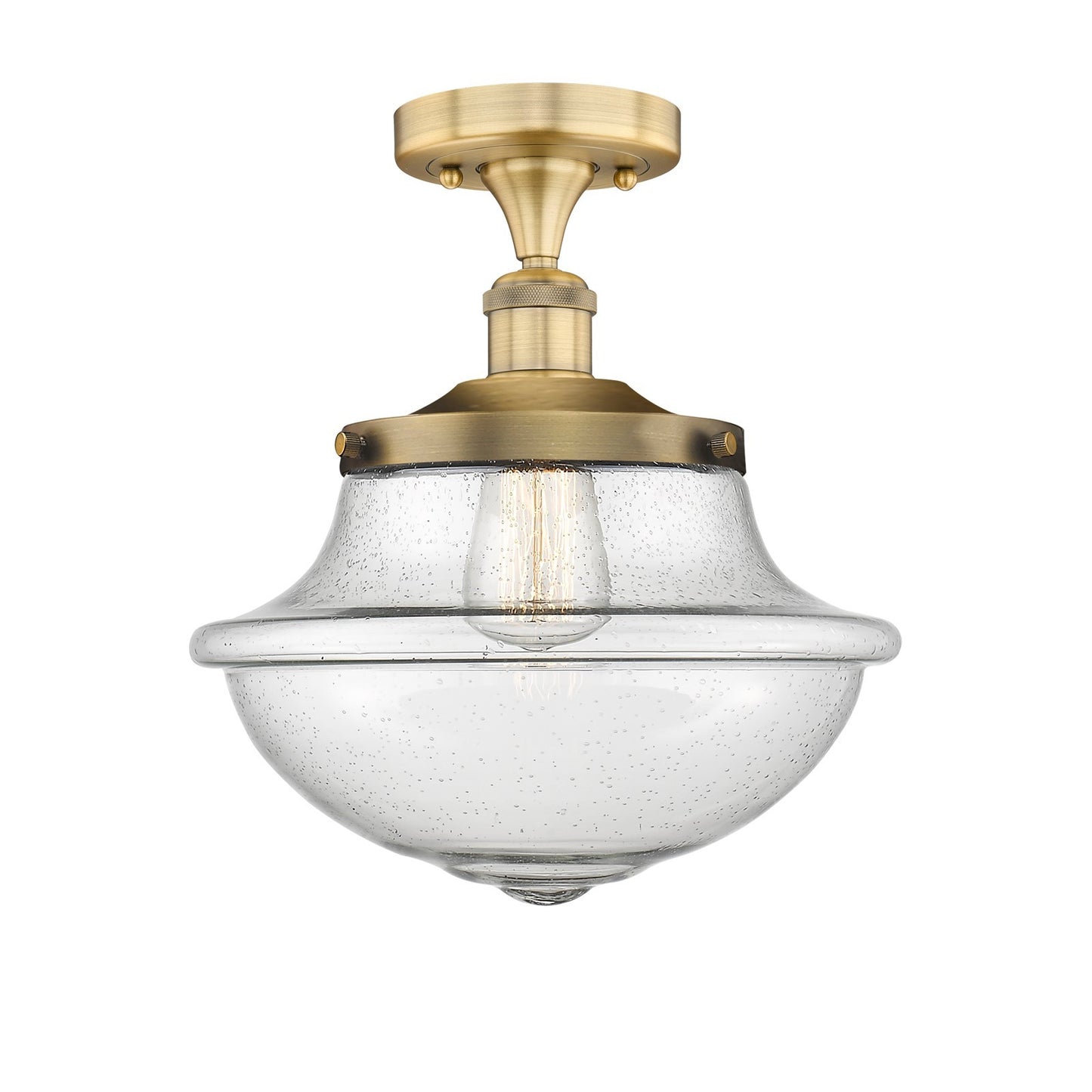 Innovations Oxford 12in 1-Light Semi-Flush Mount | Industrial Brushed Brass and Seedy Glass | Kitchen & Hallway | 11.75 x 13.12 in | Model 616-1F-BB-G544