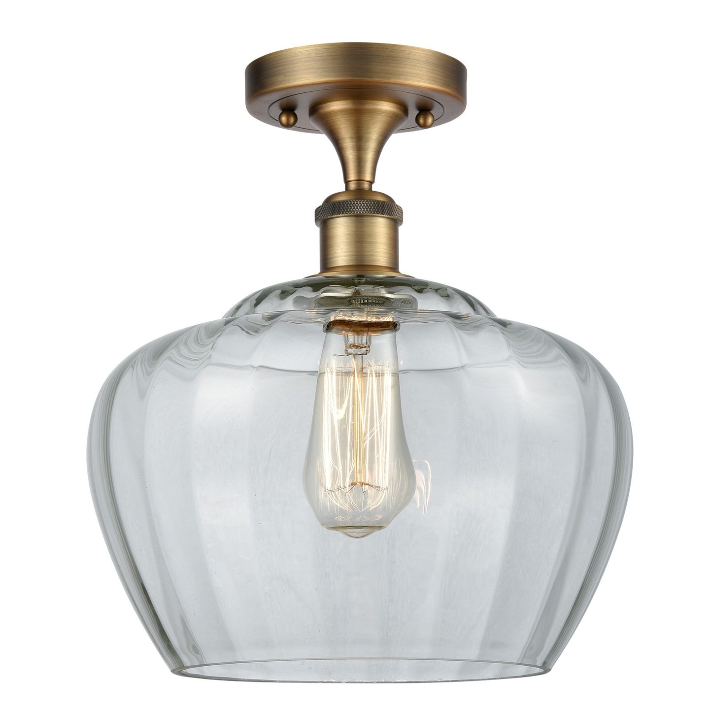 Innovations Fenton 11in 1-Light Semi-Flush Mount | Industrial Brushed Brass Steel and Clear Ribbed Glass | Entryway & Hallway | 11 | Model 616-1F-BB-G92-L